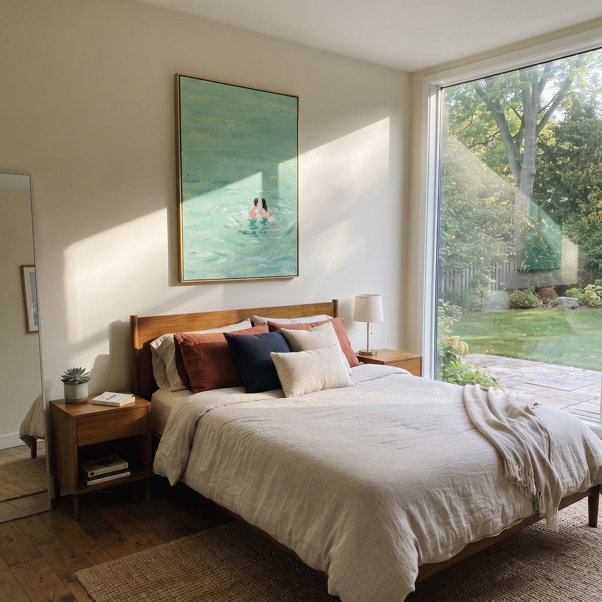 Two in Mint Water - swimmers painting shown in modern room setting 3