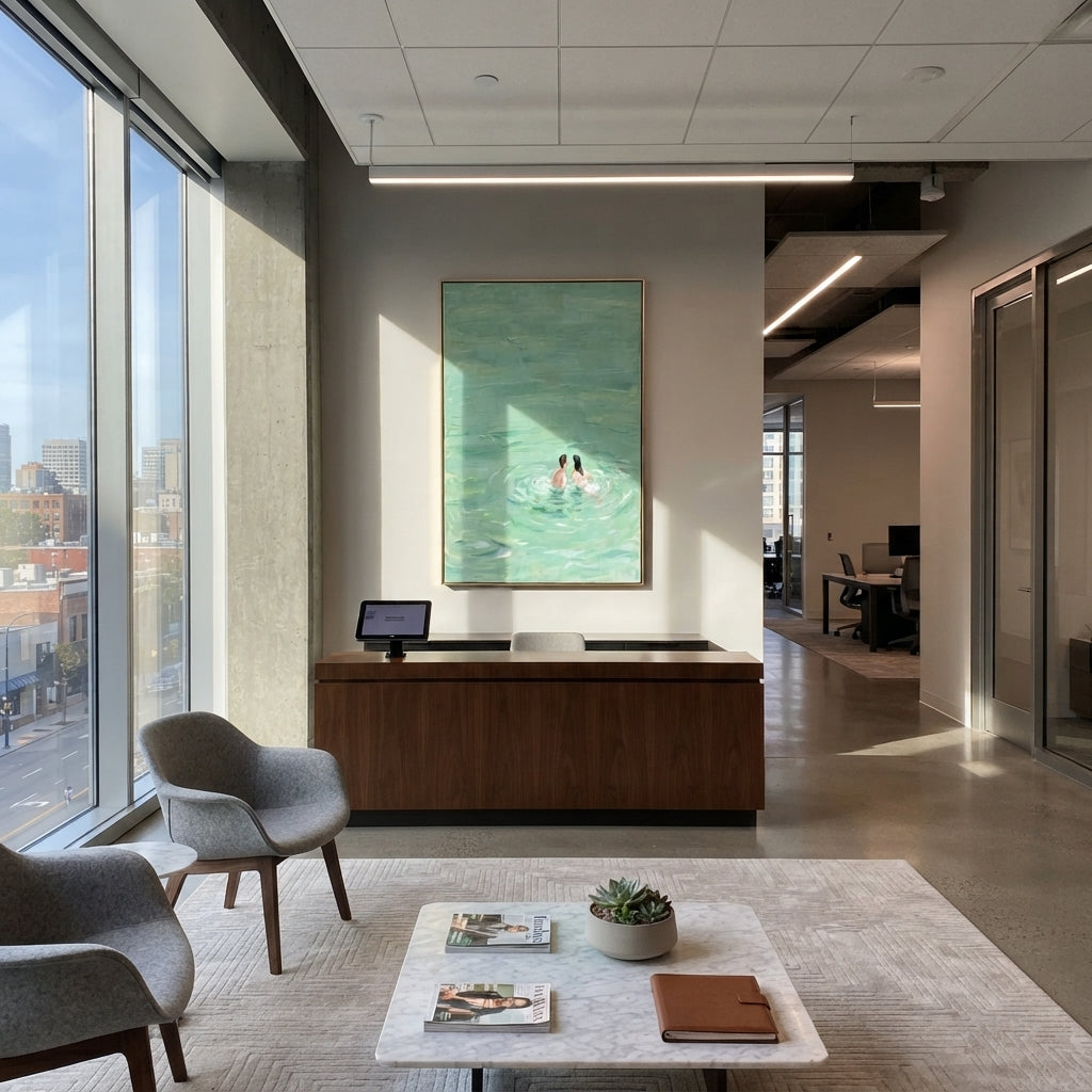 Two in Mint Water - swimmers painting shown in modern room setting 4