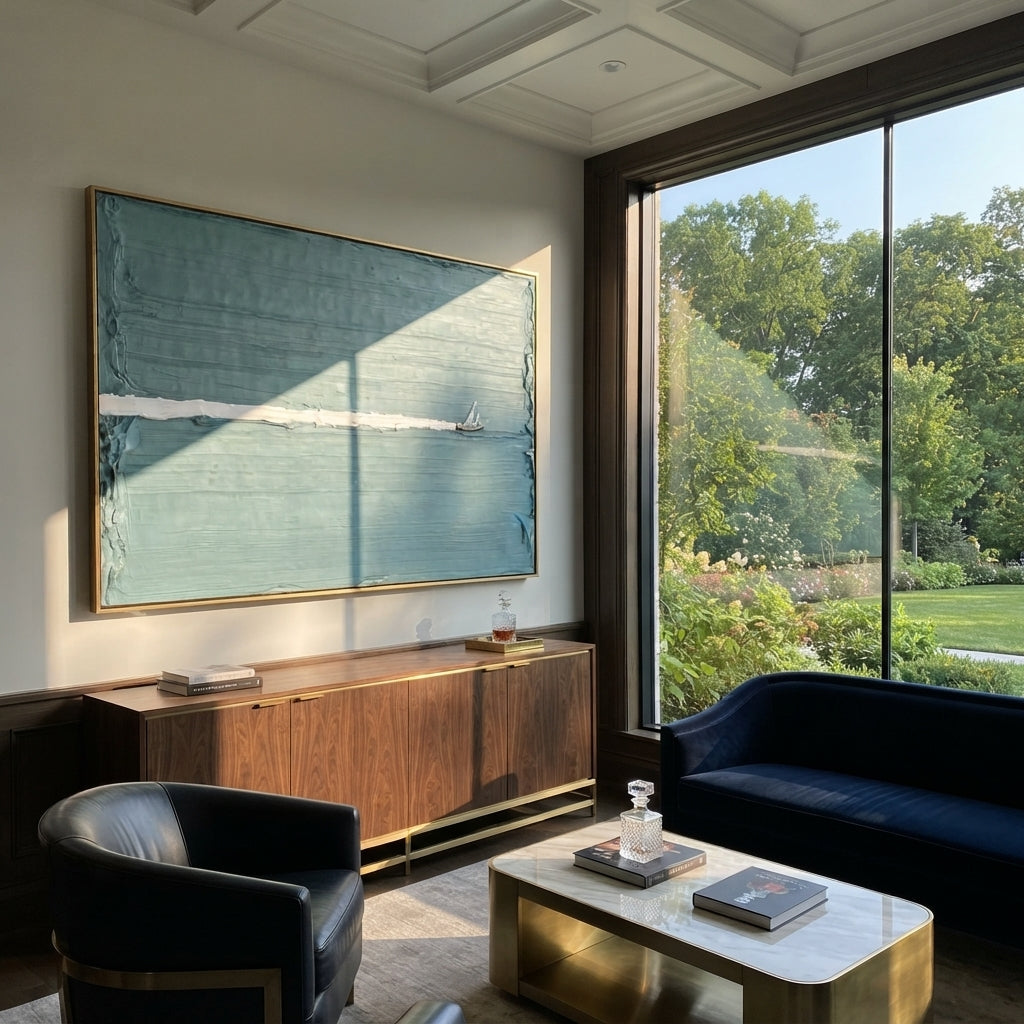 Sail Beyond the Line - minimal sailboat painting shown in modern room setting 4