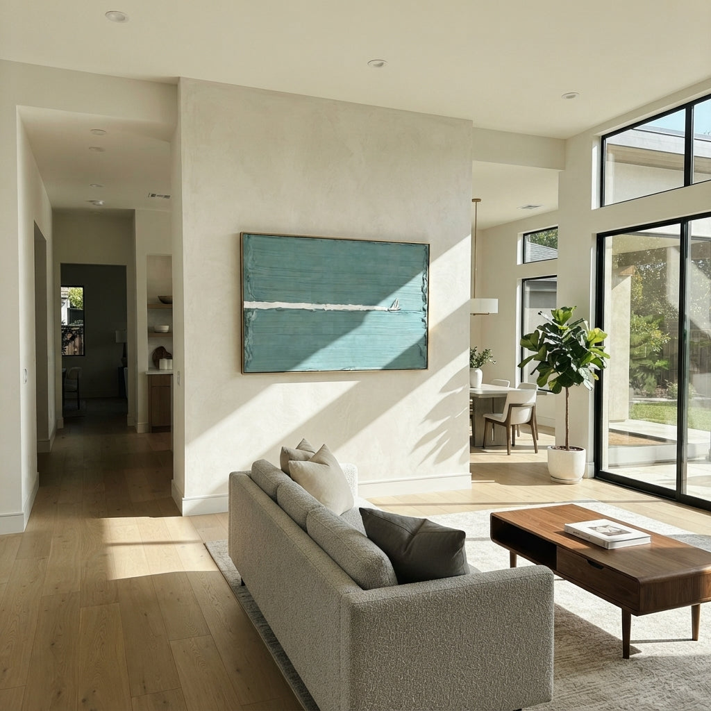 Sail Beyond the Line - minimal sailboat painting shown in modern room setting 5