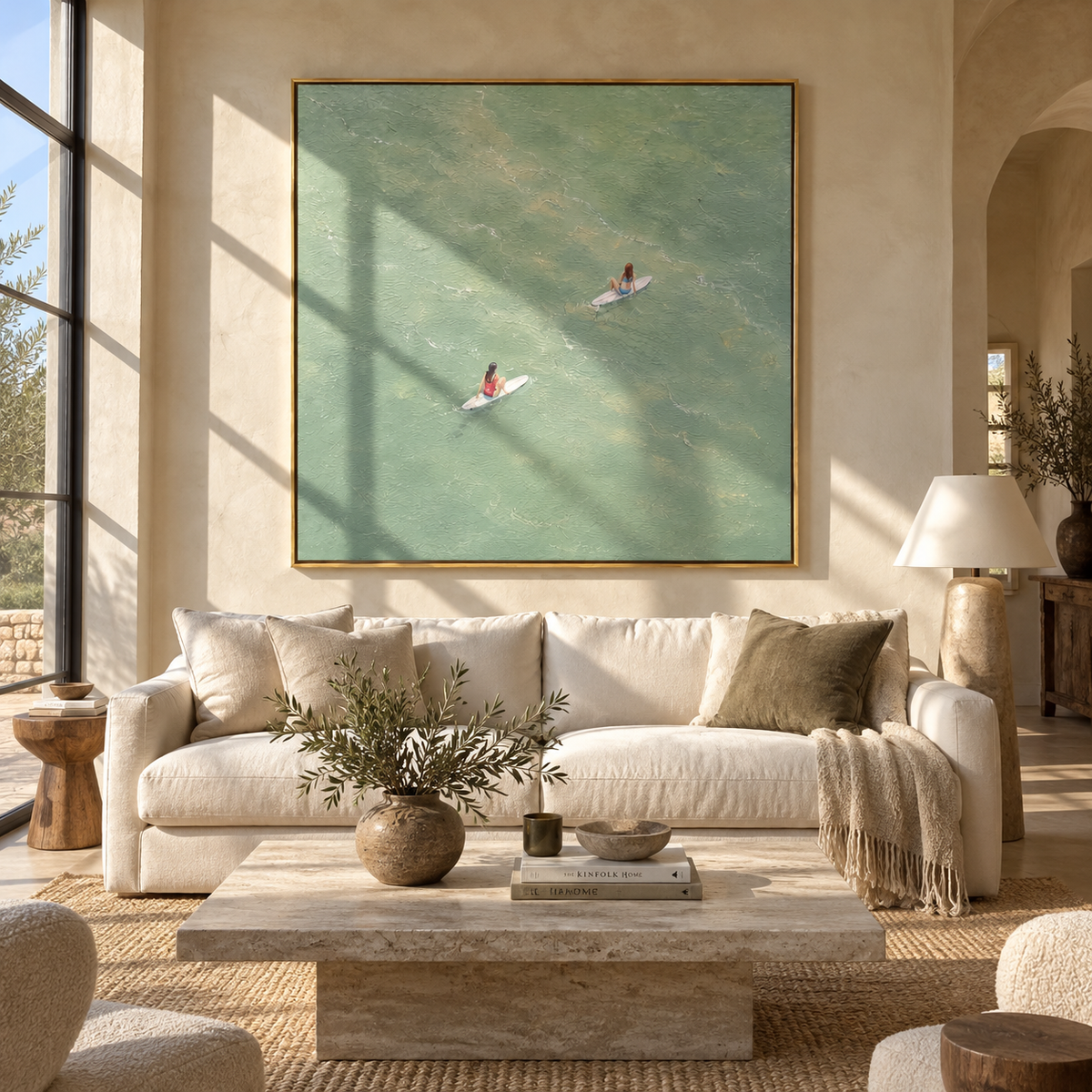 Meeting in Sage Water - swimmers painting displayed in a styled interior