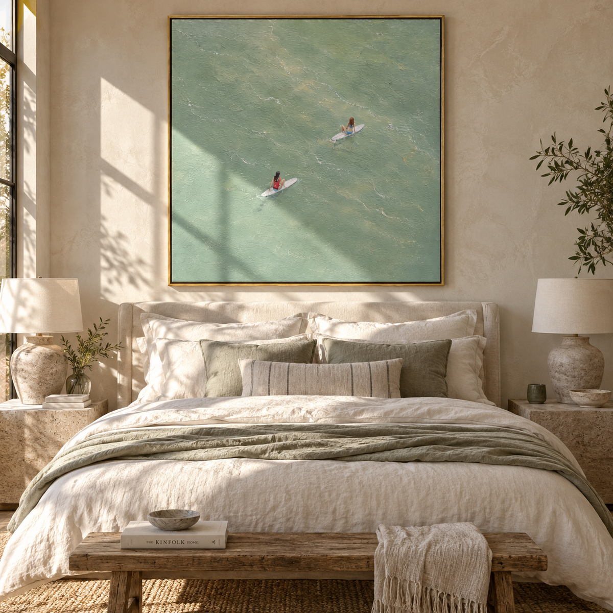 Meeting in Sage Water - swimmers painting shown in modern room setting 2