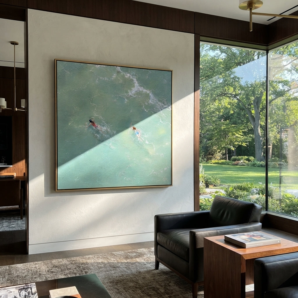 Swimming Side by Side - two swimmers painting displayed in a styled interior
