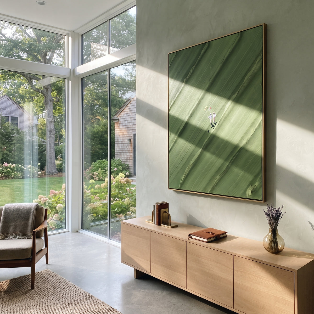 Diagonal Green Walk - walking figures painting displayed in a styled interior