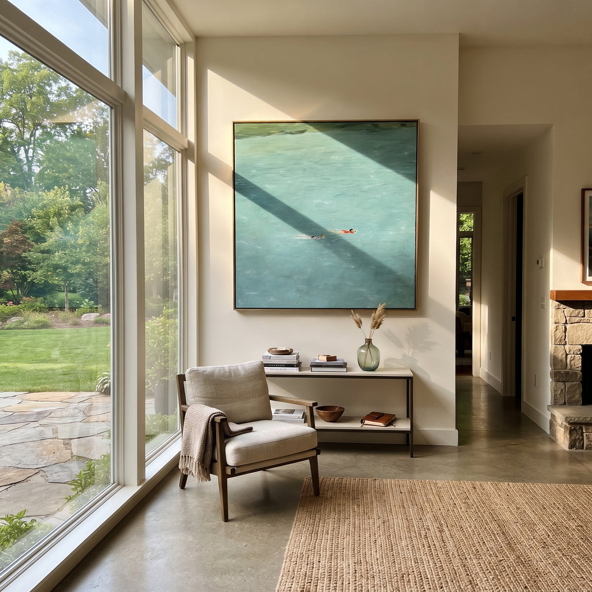 Summer Crossing - two swimmers painting displayed in a styled interior