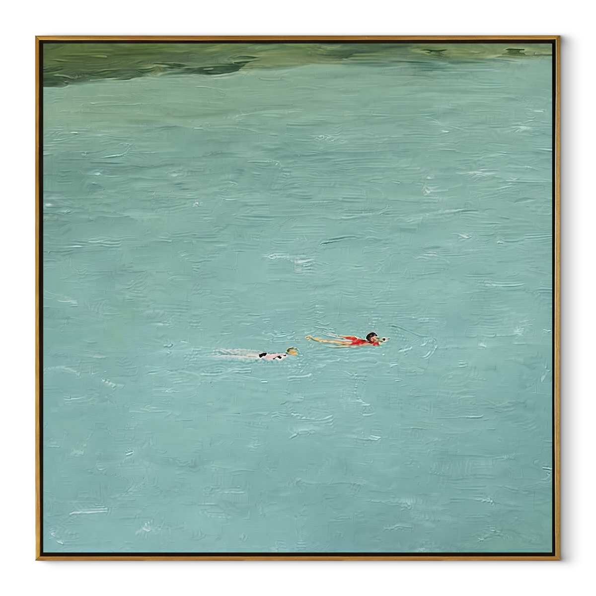 Summer Crossing - two swimmers painting in a wood frame on white