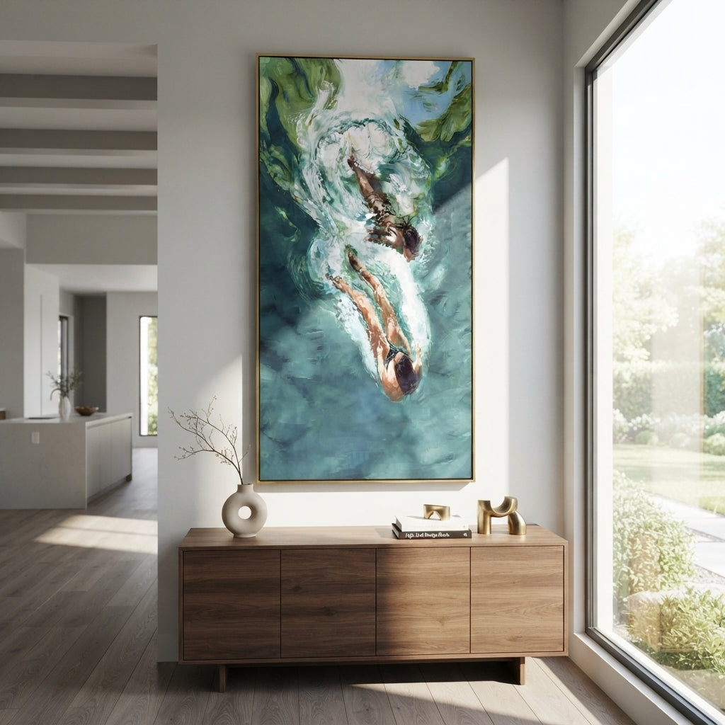 Into the Deep Current - diving swimmer painting displayed in a styled interior