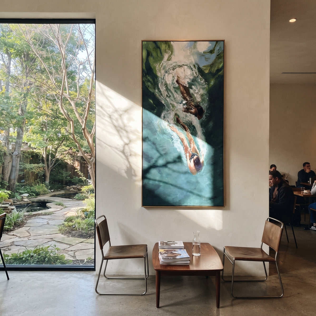 Into the Deep Current - diving swimmer painting shown in modern room setting 4