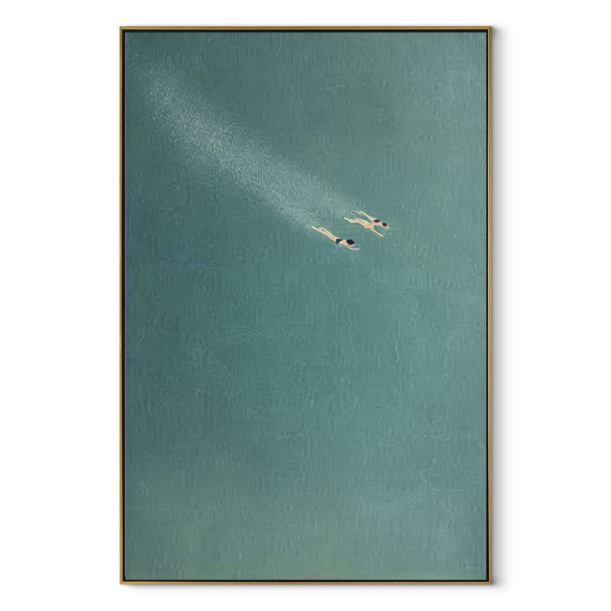 Two Under Blue Light - swimmers painting in a wood frame on white