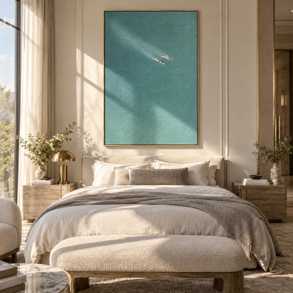 Two Under Blue Light - swimmers painting shown in modern room setting 3