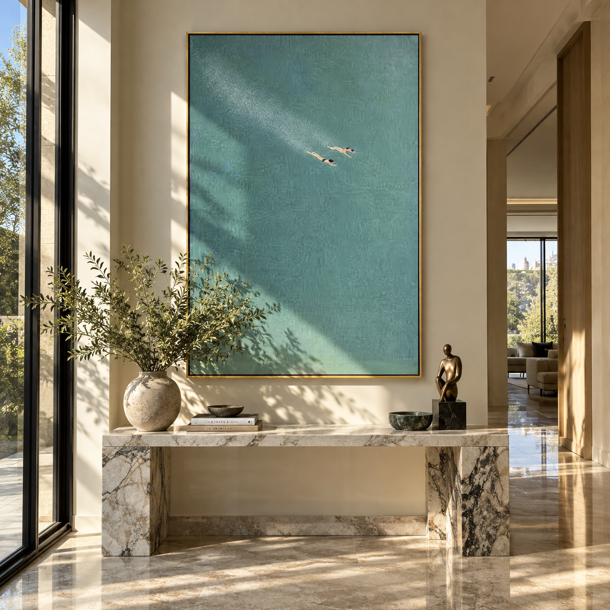 Two Under Blue Light - swimmers painting shown in modern room setting 4