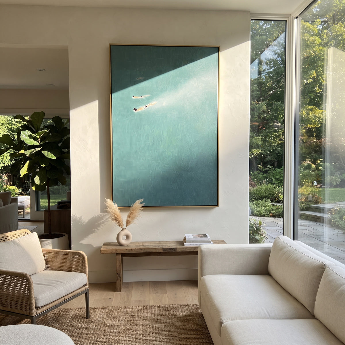 Blue Water Companions - two swimmers painting shown in modern room setting 3