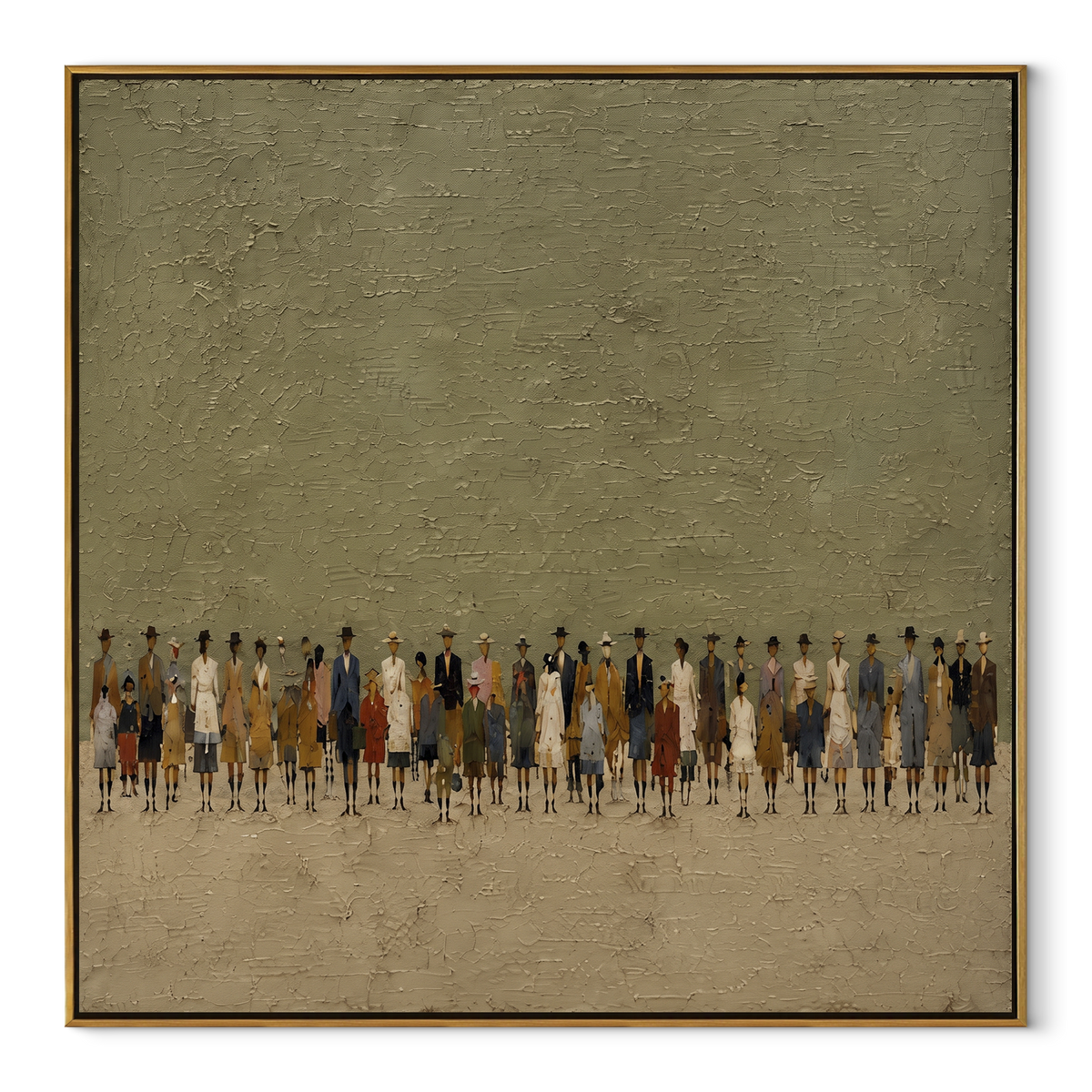 The Waiting Line - figurative crowd painting in a wood frame on white