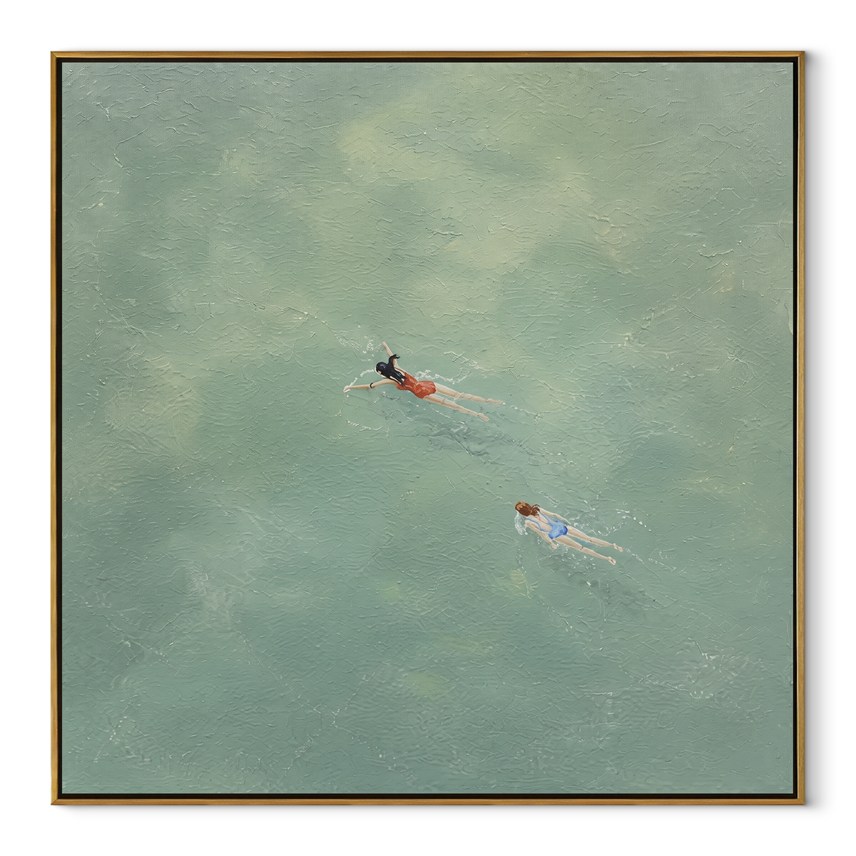 Pale Current for Two - swimmers painting in a wood frame on white