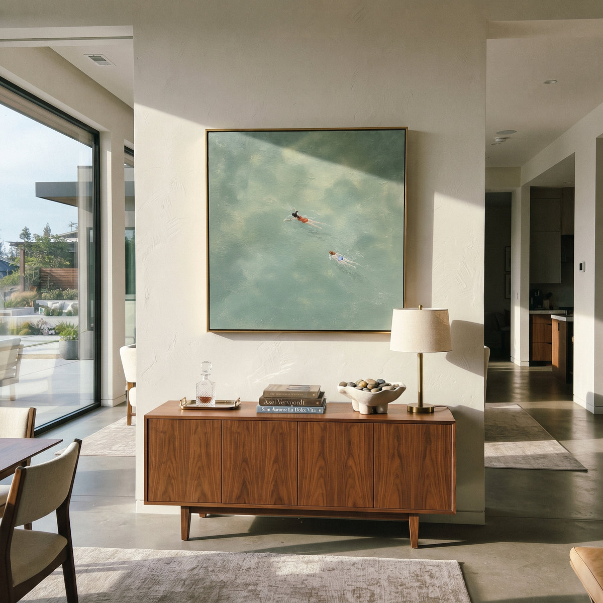Pale Current for Two - swimmers painting shown in modern room setting 3