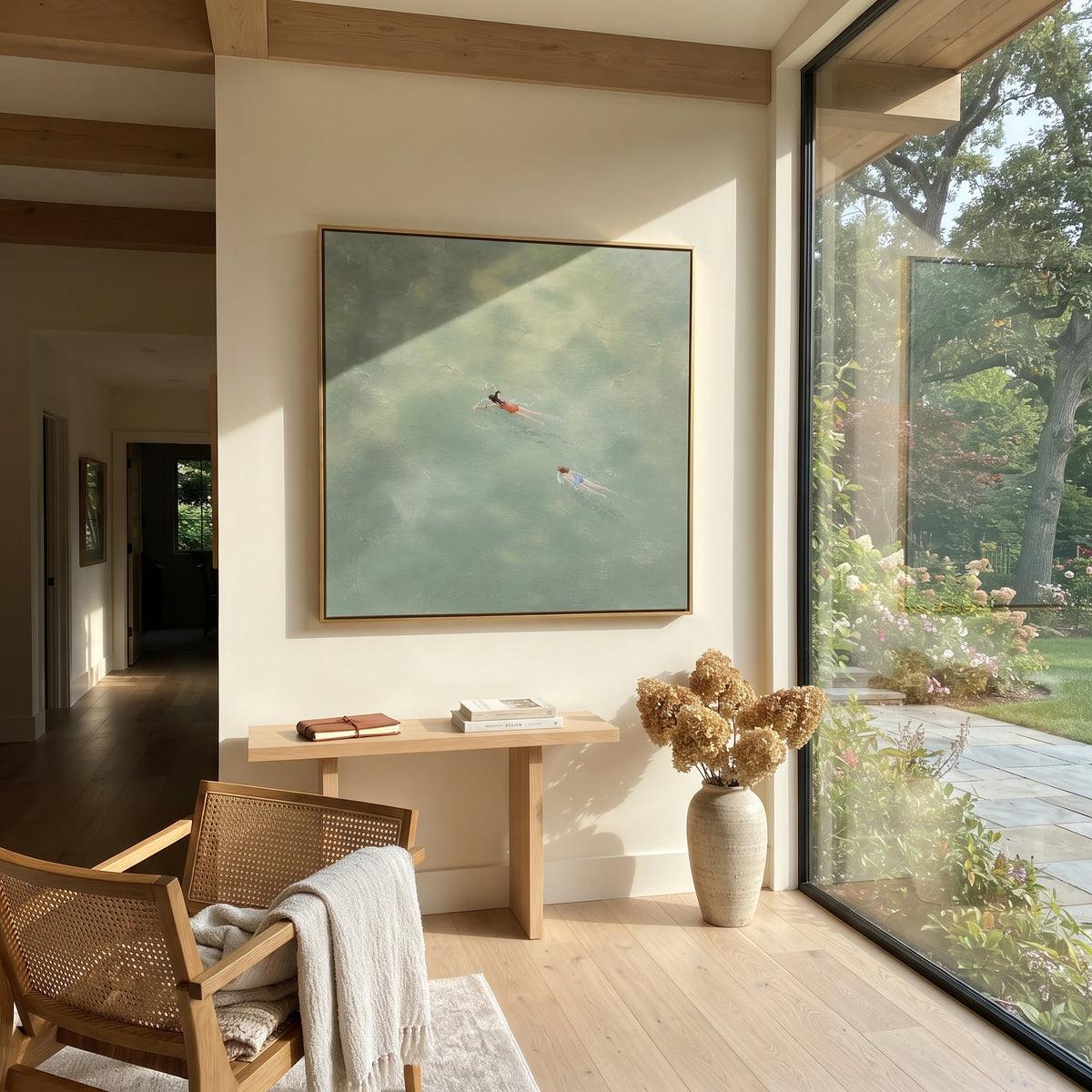 Pale Current for Two - swimmers painting shown in modern room setting 5