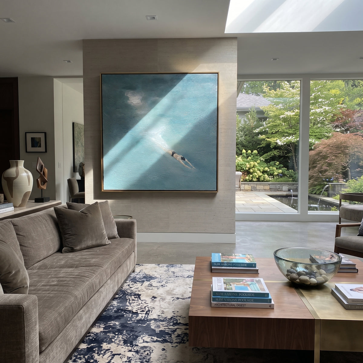 Moonlit Stroke - swimmer painting shown in modern room setting 2