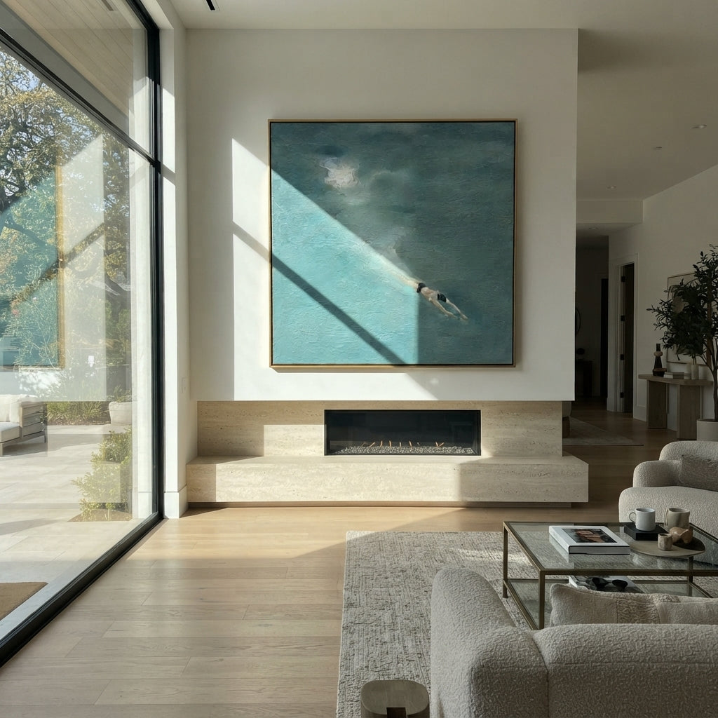 Moonlit Stroke - swimmer painting shown in modern room setting 3