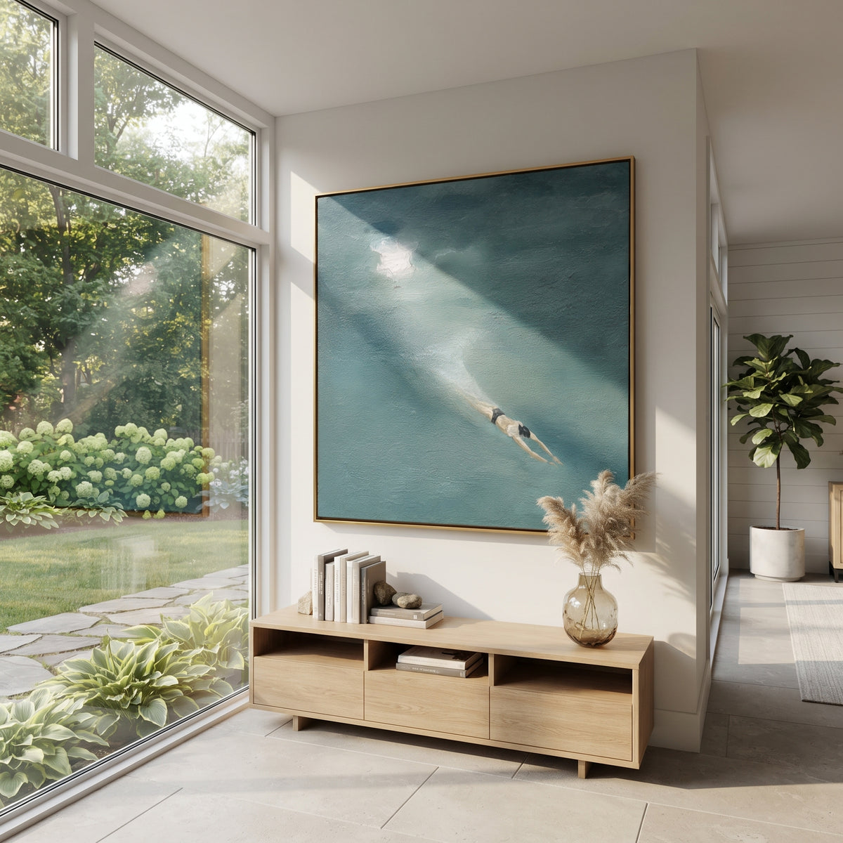 Moonlit Stroke - swimmer painting shown in modern room setting 5