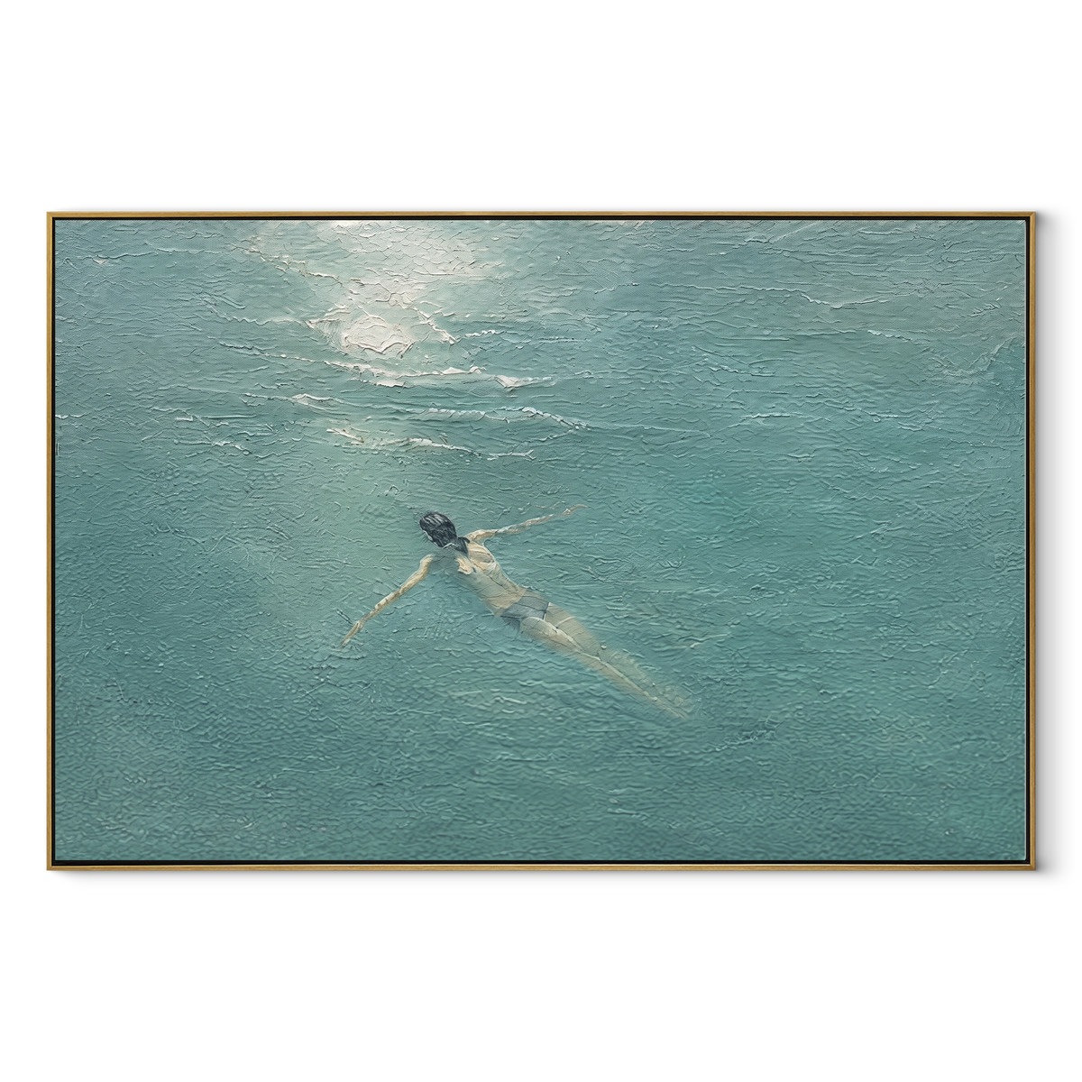 Light Across the Water - swimmer painting in a wood frame on white