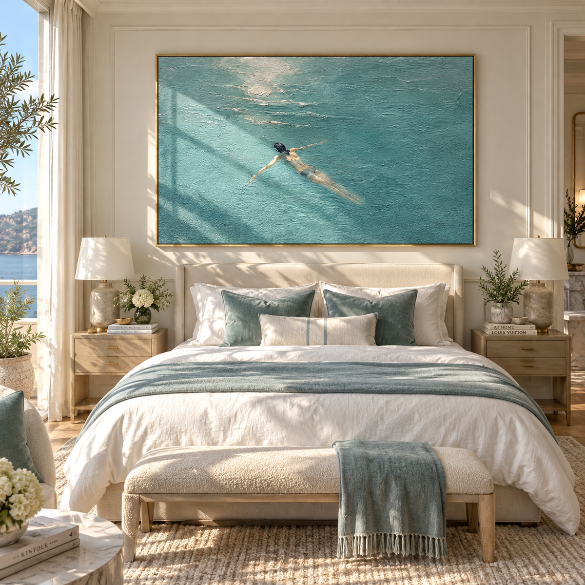 Light Across the Water - swimmer painting shown in modern room setting 2