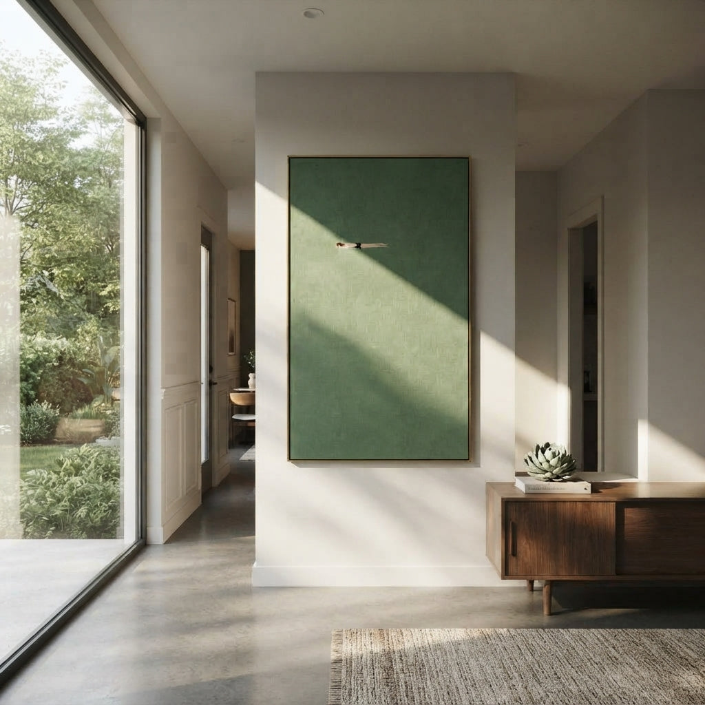 Lone Swimmer in Sage - swimmer painting shown in modern room setting 4