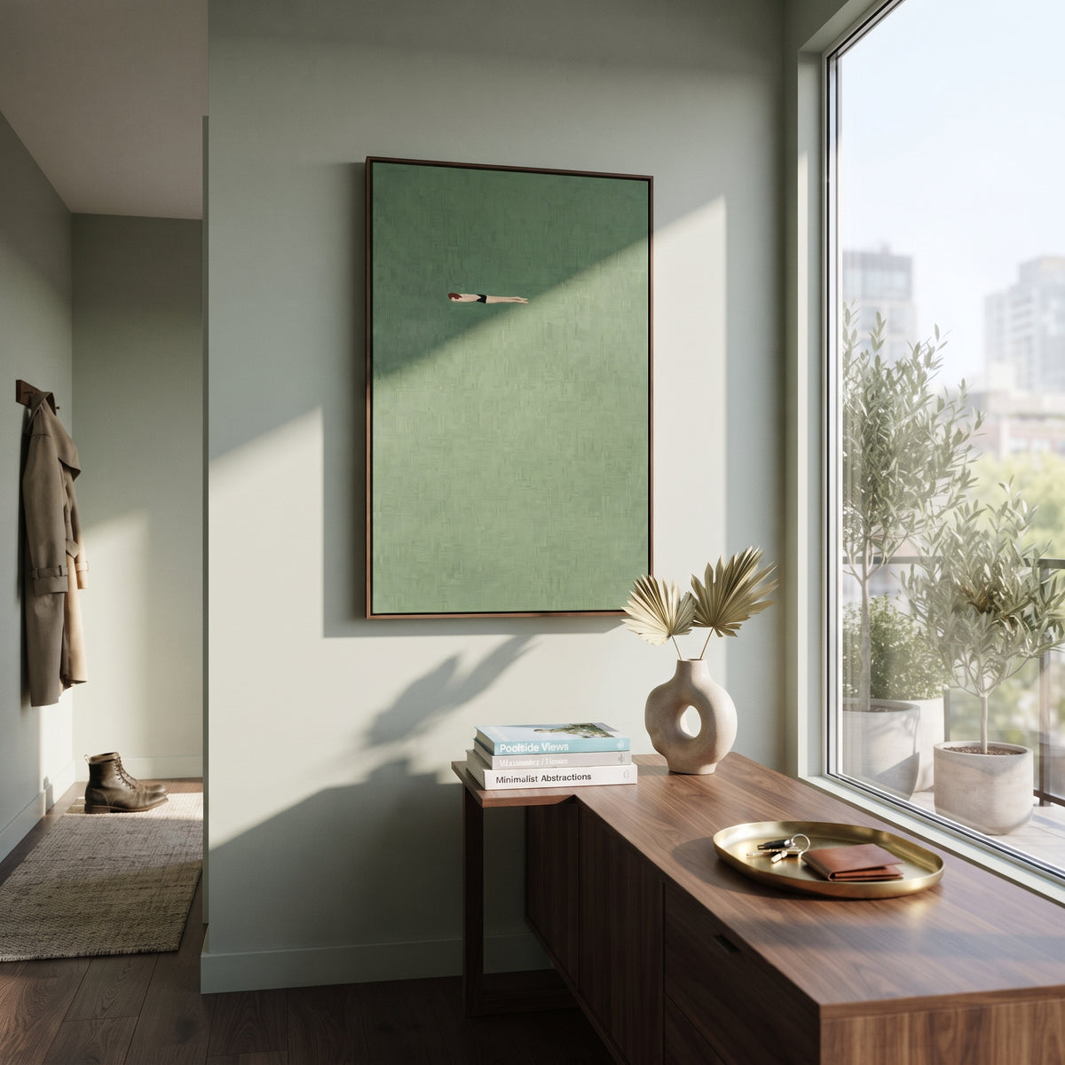 Lone Swimmer in Sage - swimmer painting shown in modern room setting 5