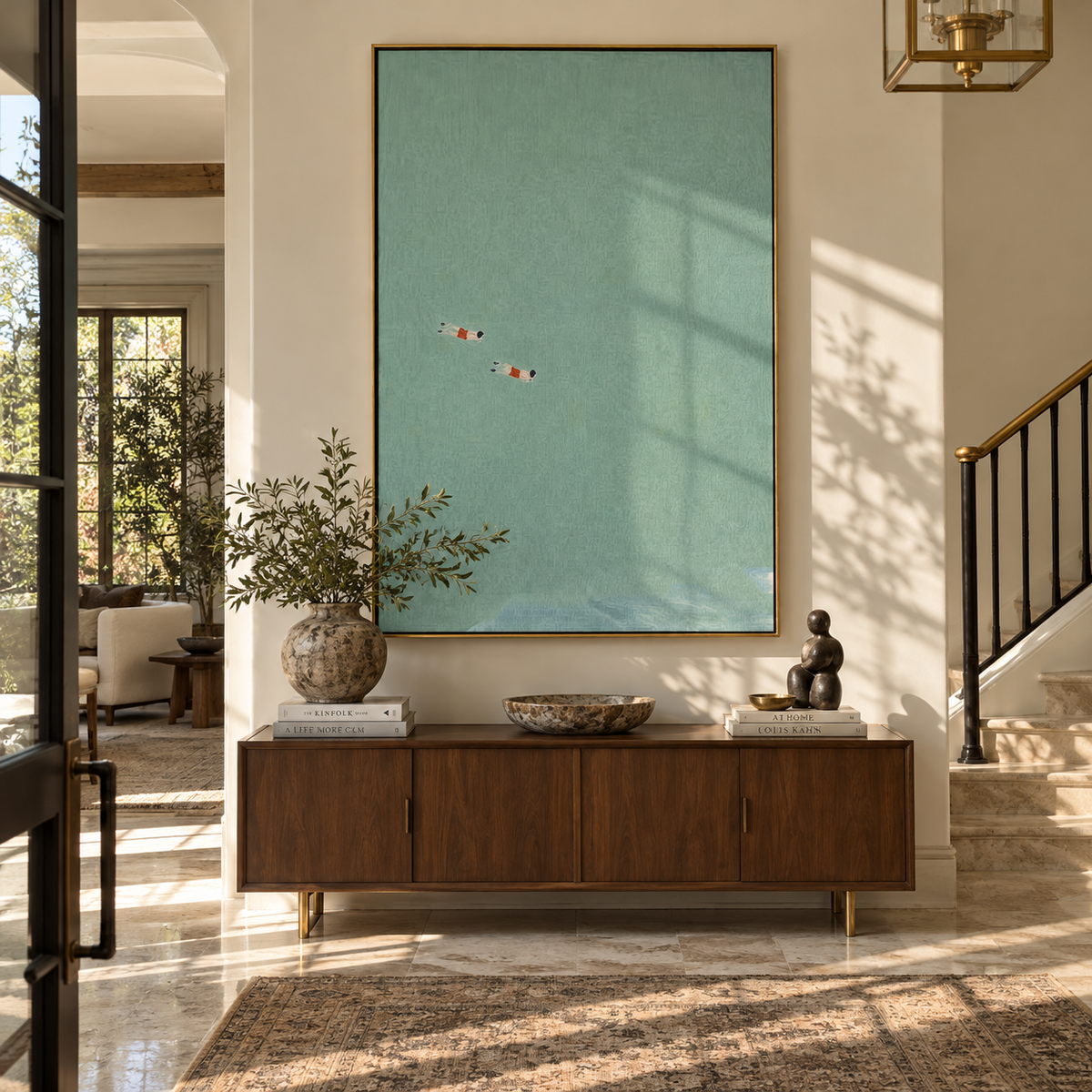 Two Points in Blue - two swimmers painting displayed in a styled interior