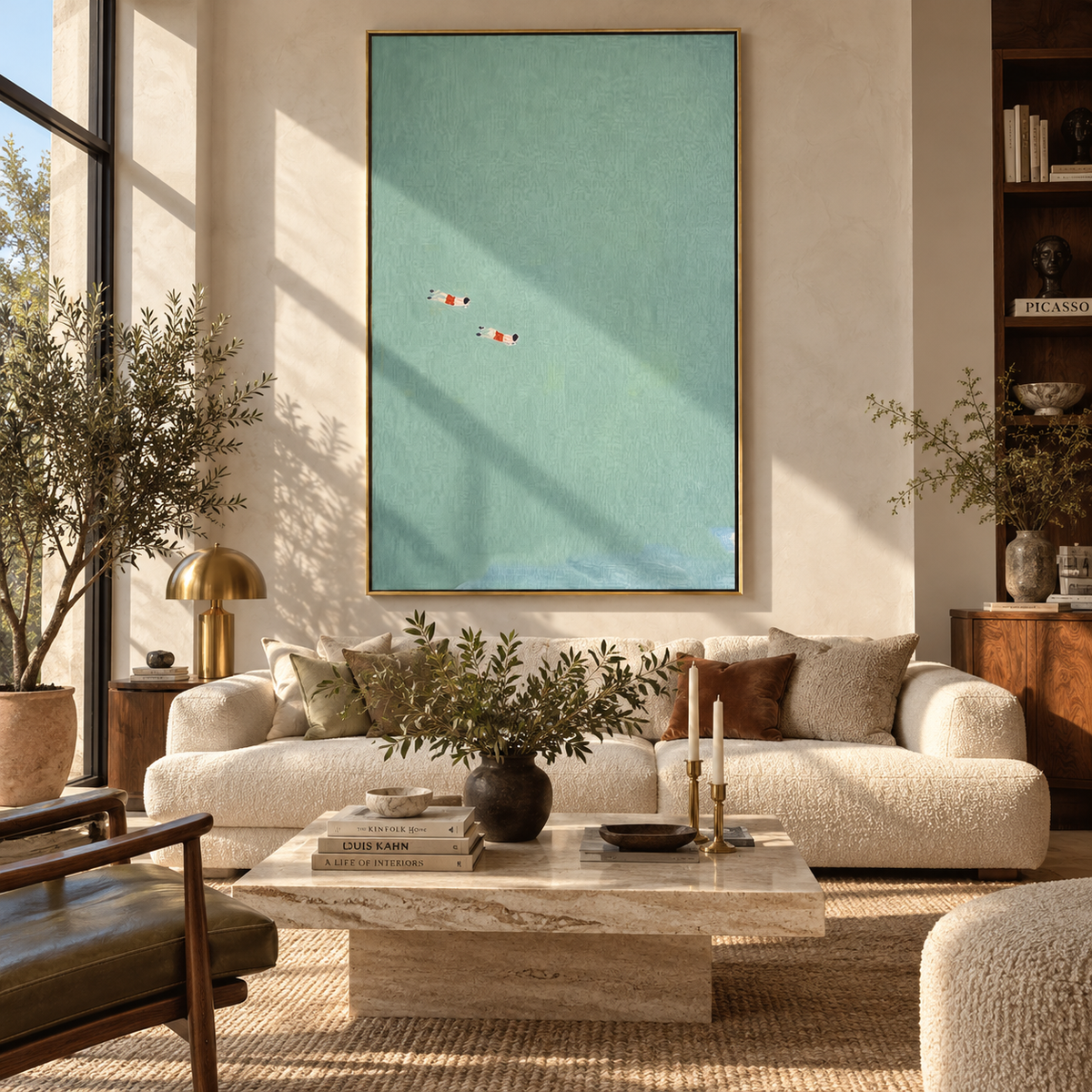 Two Points in Blue - two swimmers painting shown in modern room setting 4