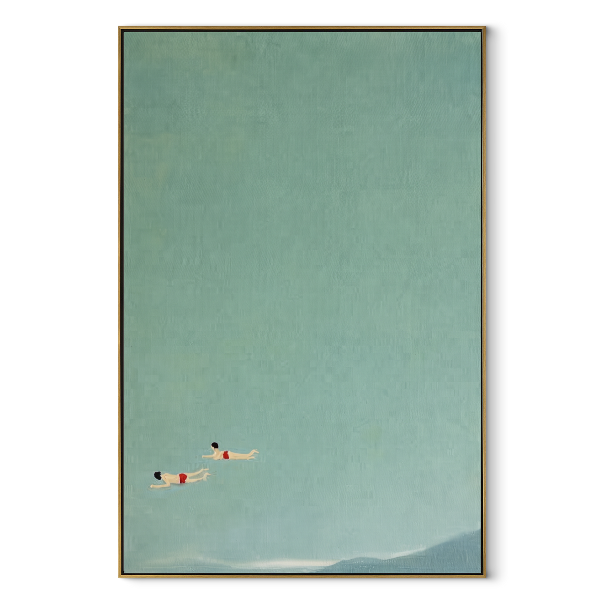 Near the Lower Tide - two swimmers painting in a wood frame on white