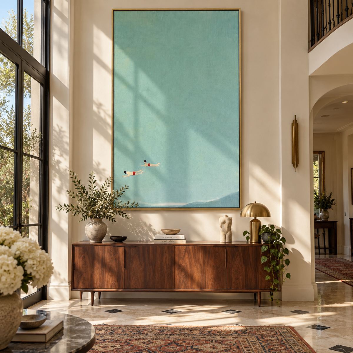 Near the Lower Tide - two swimmers painting shown in modern room setting 4