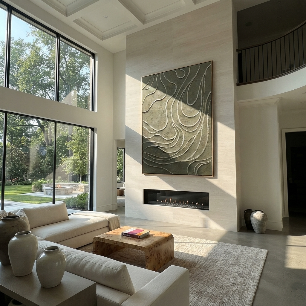 Contours of the Green - topographic abstract painting displayed in a styled interior