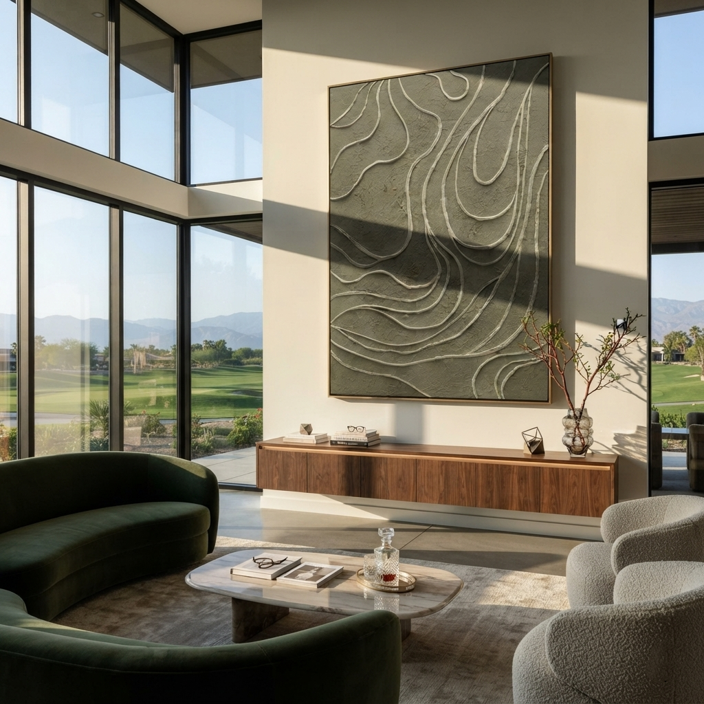 Contours of the Green - topographic abstract painting shown in modern room setting 3