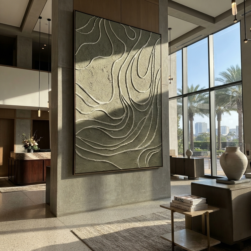 Contours of the Green - topographic abstract painting shown in modern room setting 4