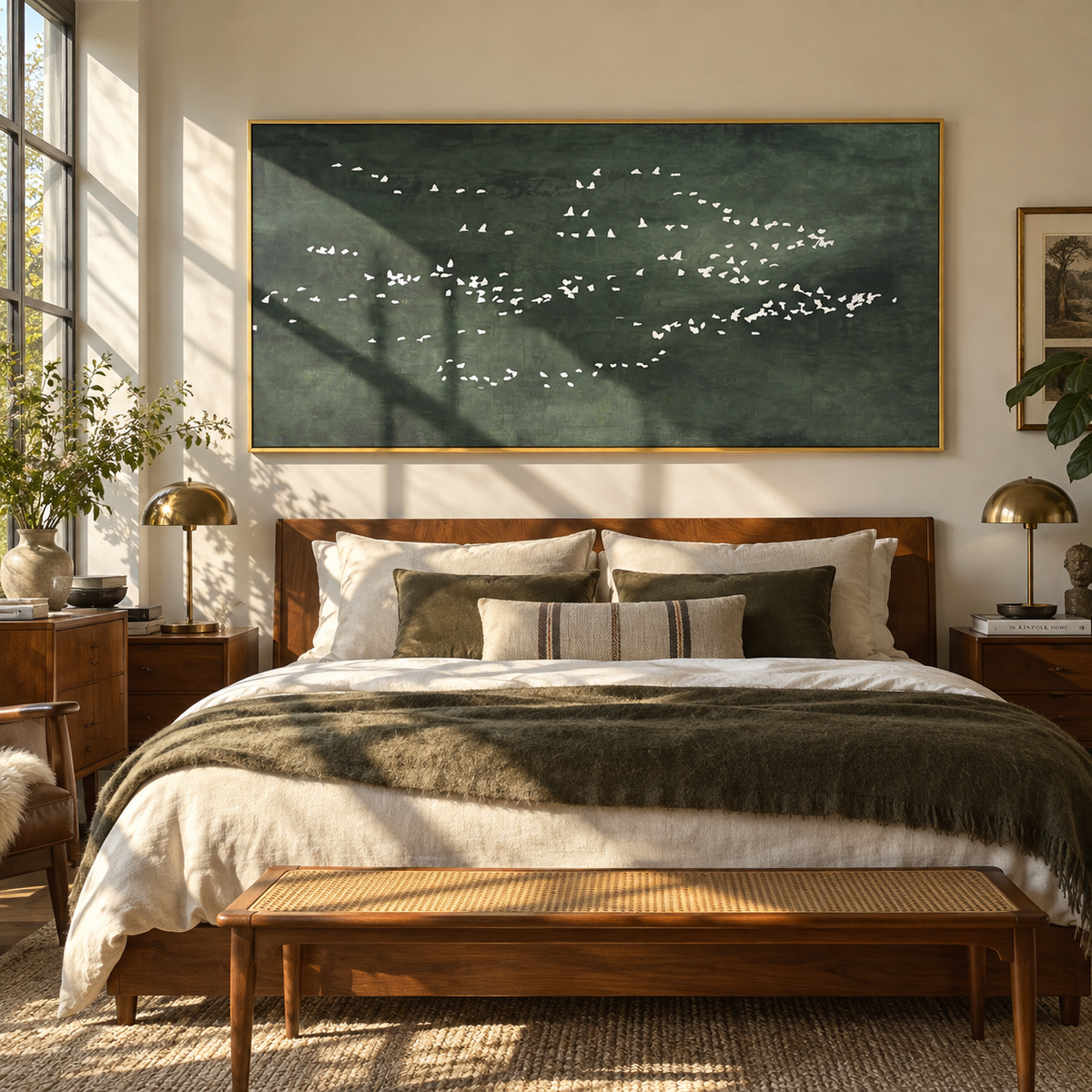 White Flock at Dusk - abstract bird flock painting shown in modern room setting 5