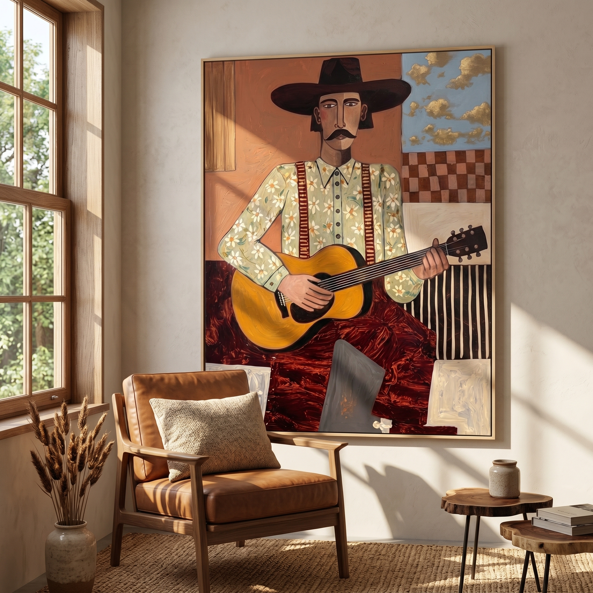 The Dusty Serenade – Vintage Americana Folk Cowboy Guitarist Painting | Rustic Western Living Room Wall Art