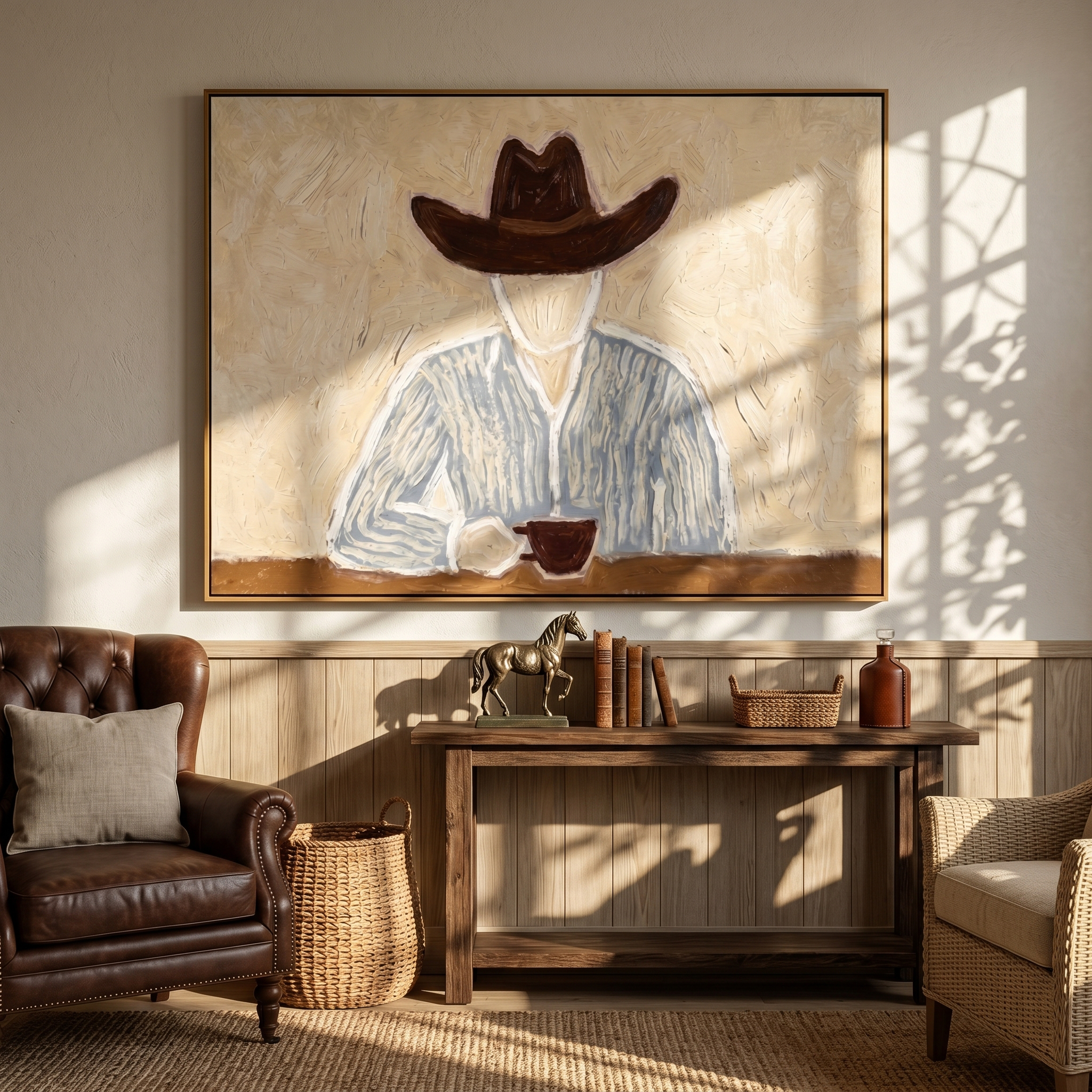 Morning Cup – Vintage Americana Faceless Cowboy Coffee Painting | Rustic Farmhouse Kitchen Art