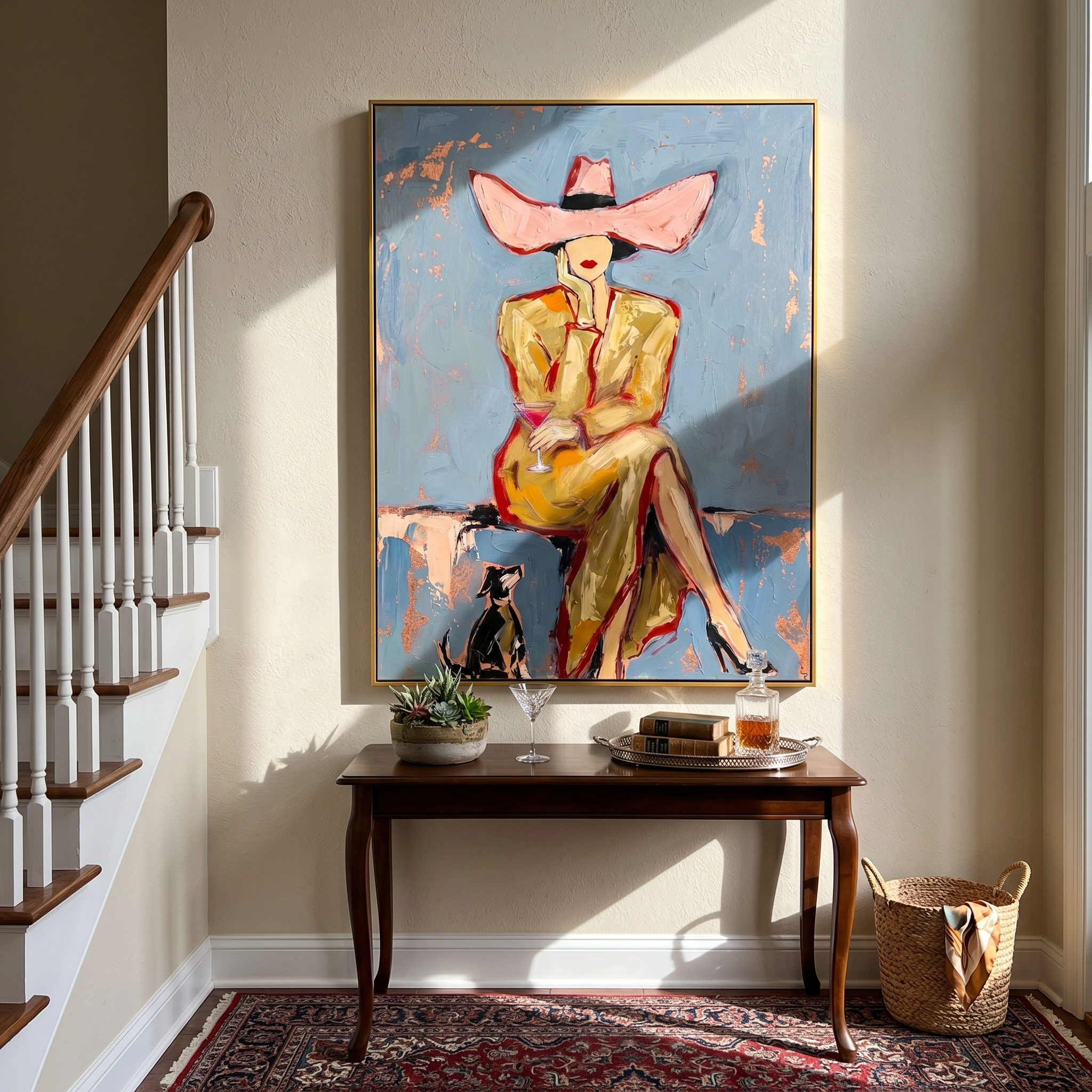 The Pink Brim – Vintage Americana Fashion Woman Portrait Painting | Luxury Glam Living Room Art