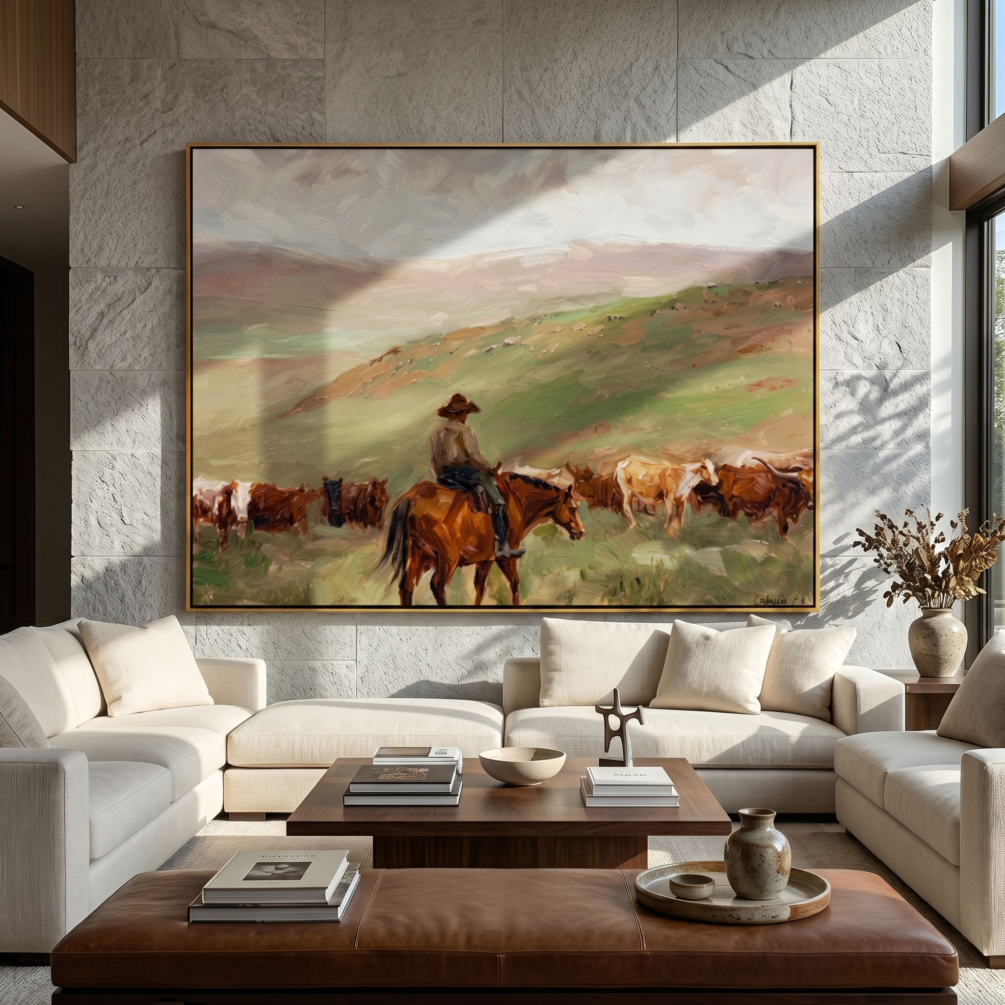 The Long Drive – Vintage Americana Cowboy Cattle Drive Painting | Rustic Landscape Living Room Art
