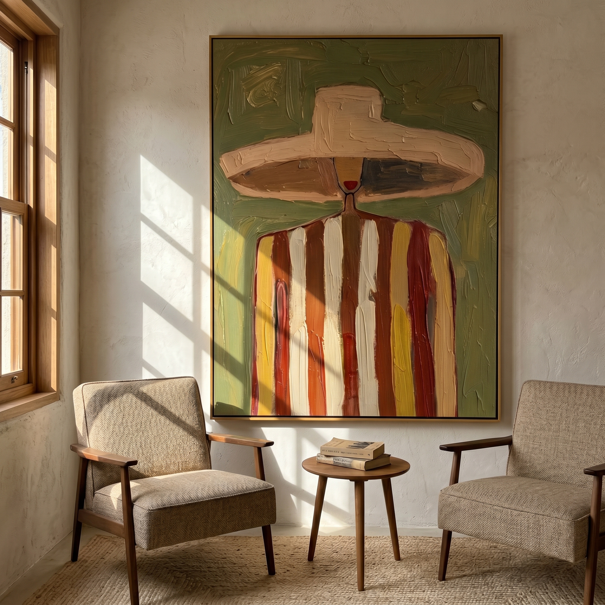 The Striped Wanderer – Vintage Americana Sombrero Figure Folk Painting | Colorful Western Entryway Art