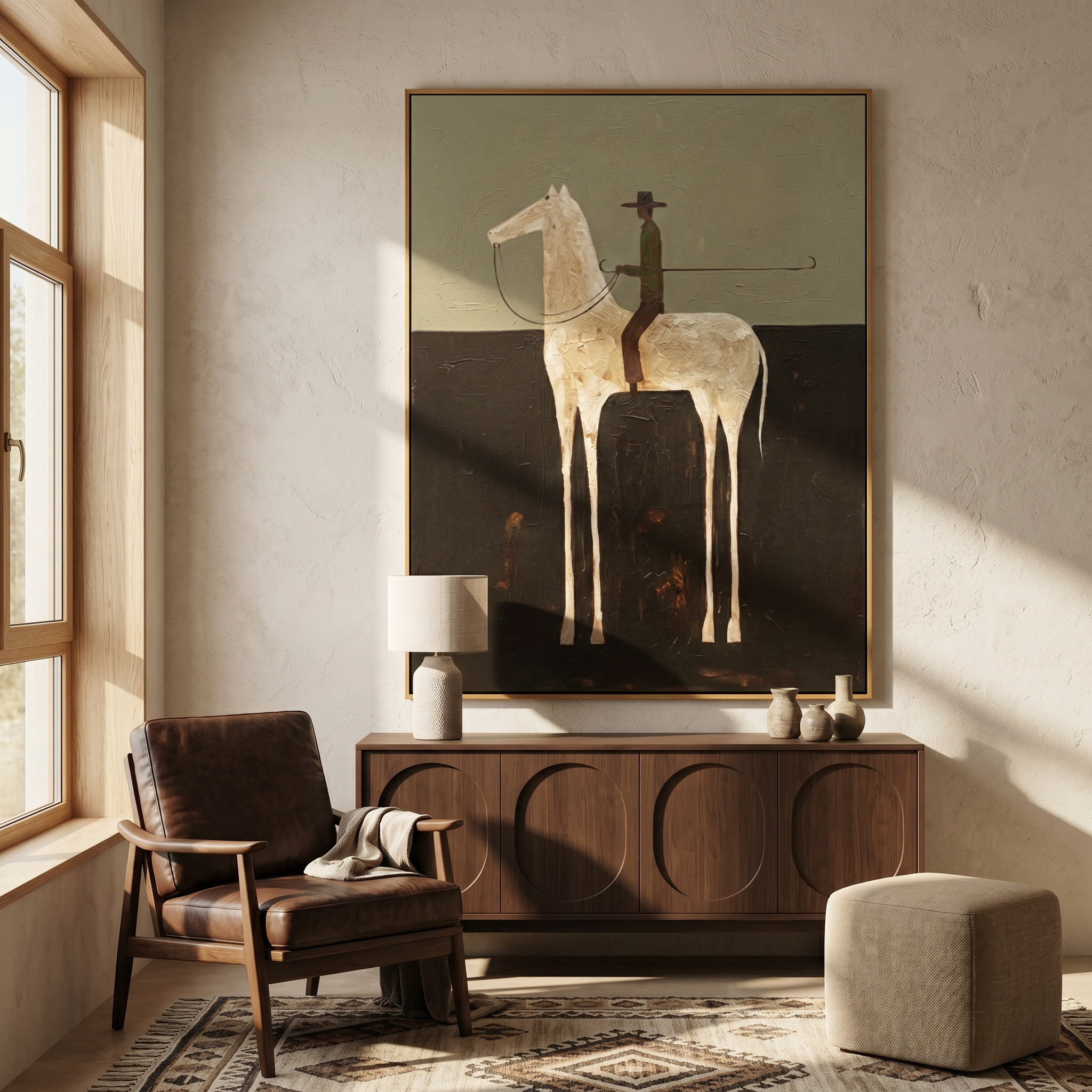 White Passage – Vintage Americana Cowboy on White Horse Painting | Organic Modern Living Room Art