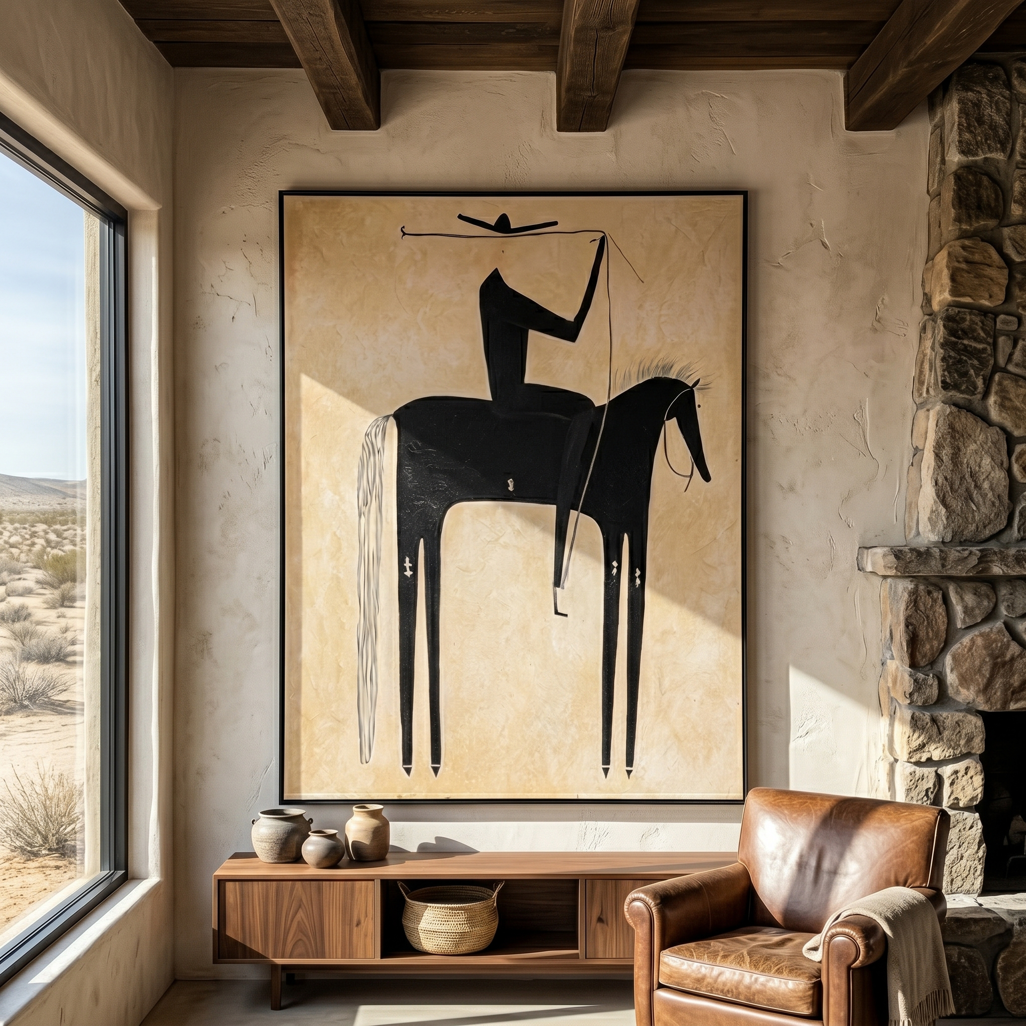 Shadow & Rope – Vintage Americana Ink-Style Rider & Black Horse Painting | Wabi-Sabi Hallway Art