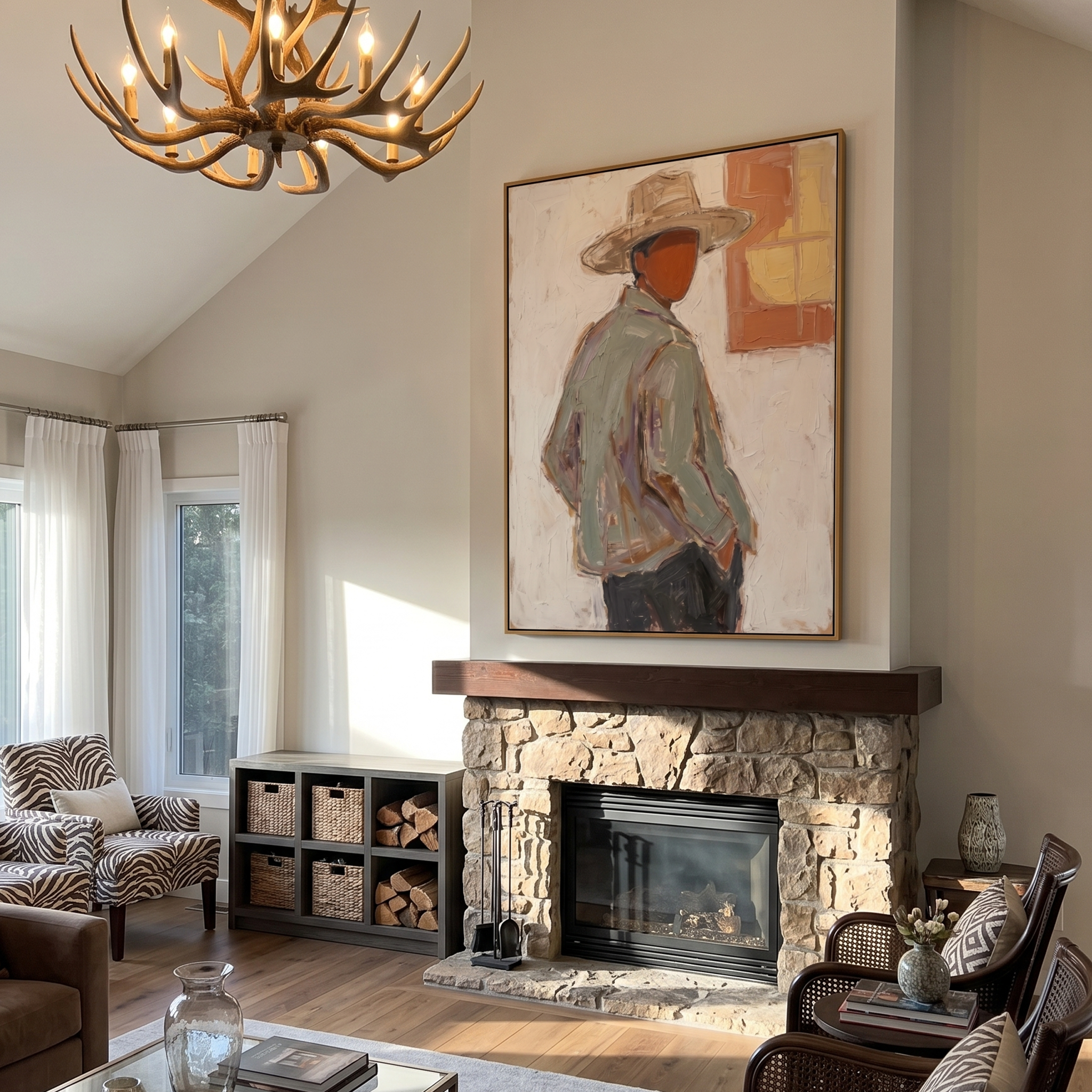 The Green Jacket – Vintage Americana Cowboy Looking Back Painting | Rustic Modern Living Room Art