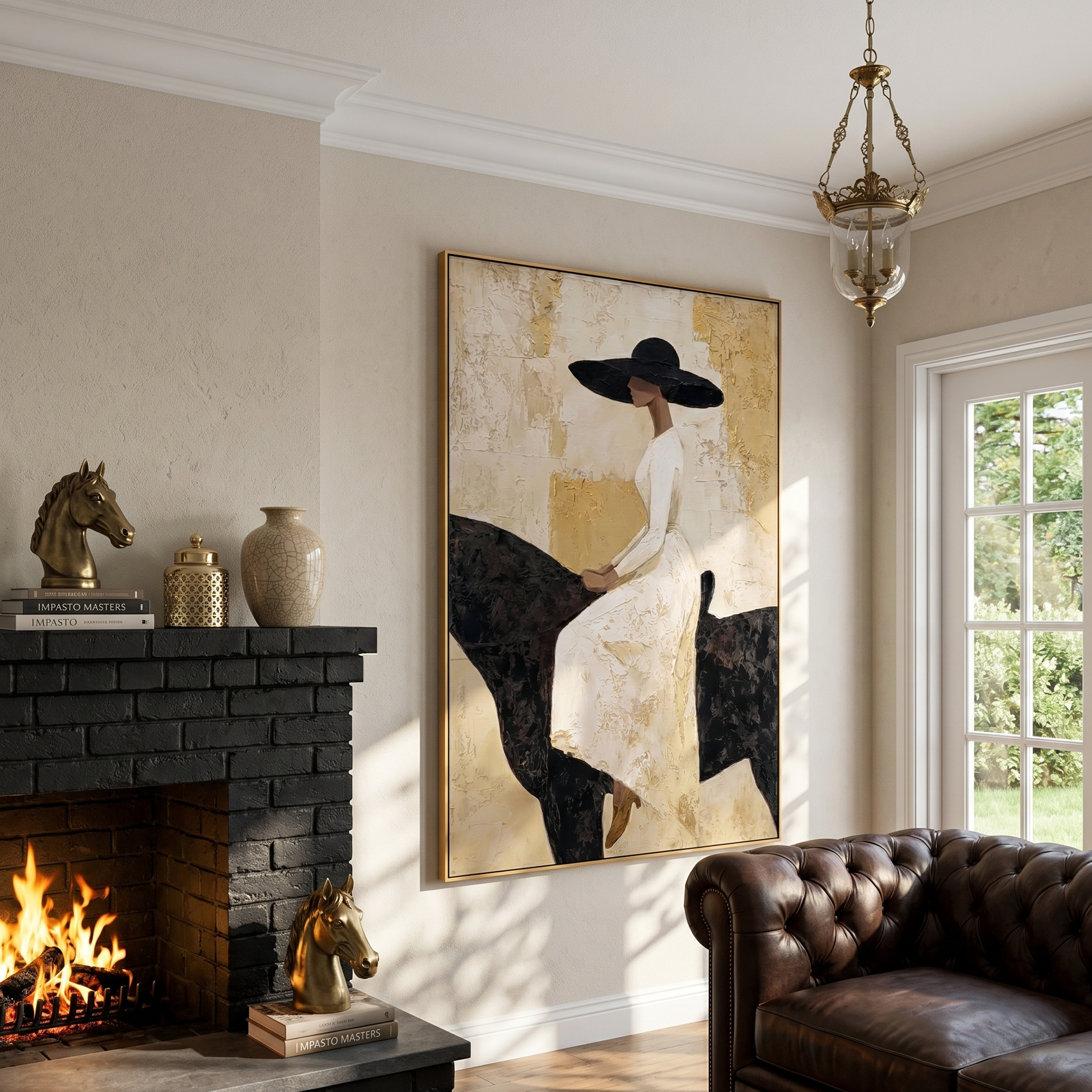 The White Rider – Vintage Americana Elegant Woman on Black Horse Painting | Modern Luxury Living Room Art