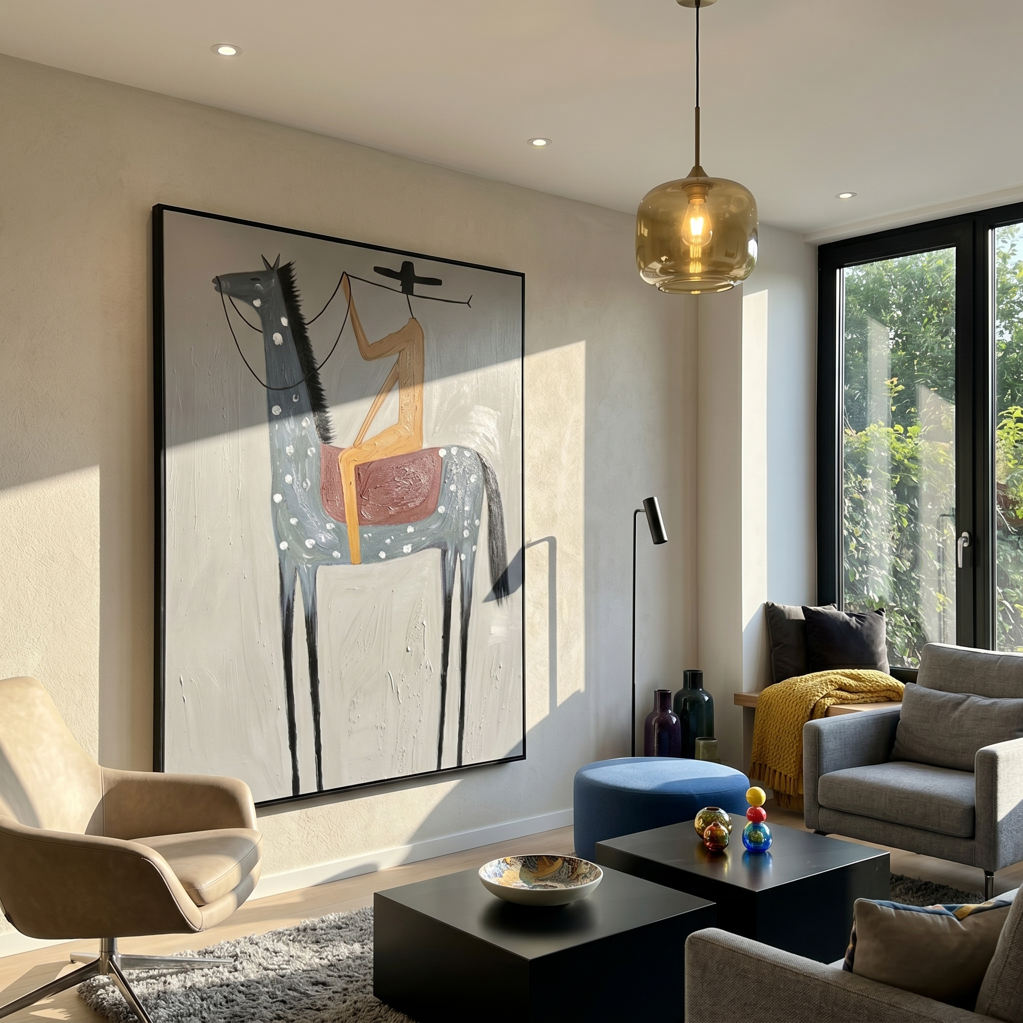 The Spotted Pony – Vintage Americana Minimalist Rider on Grey Horse Painting | Contemporary Hallway Art