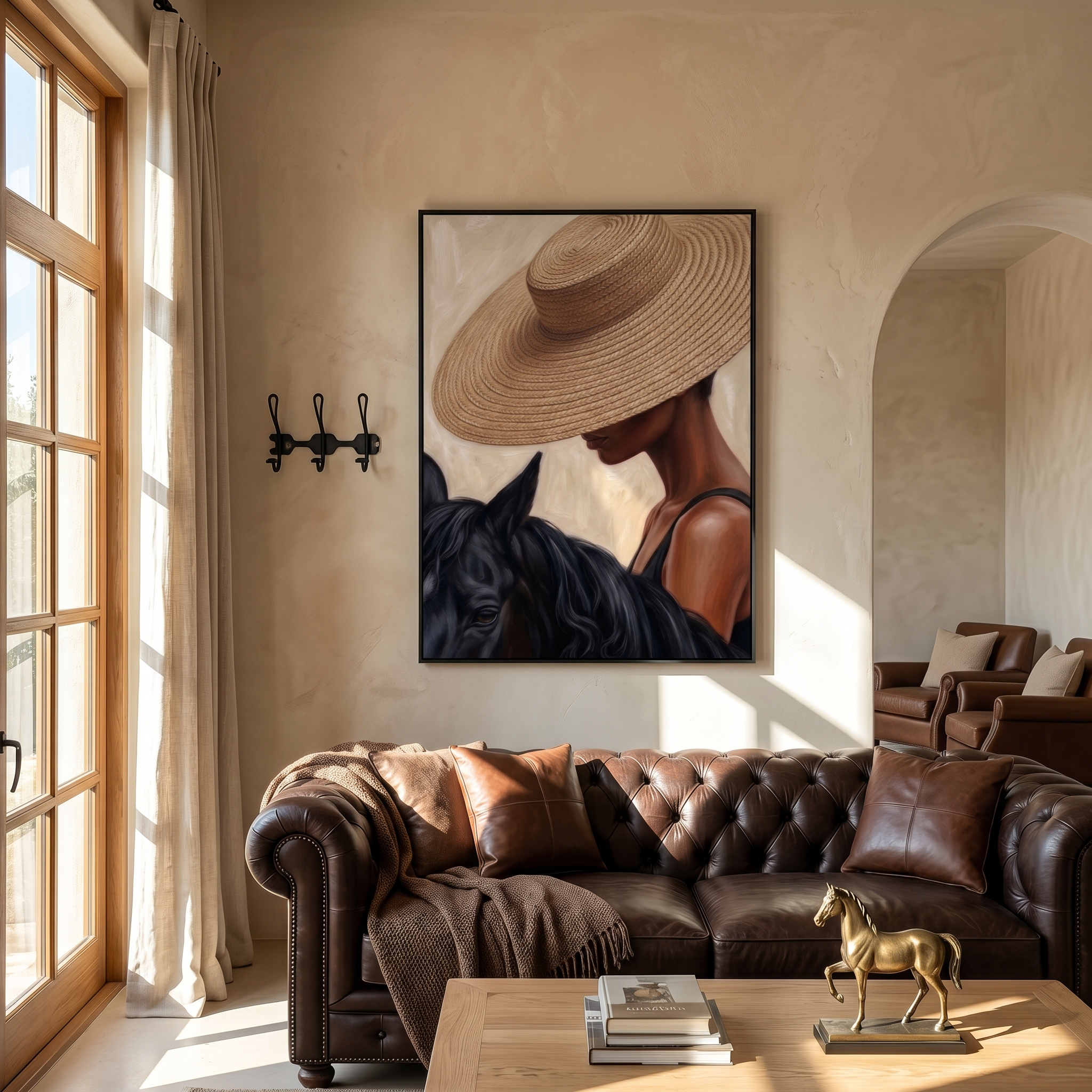 Hat & Mane – Vintage Americana Woman with Black Horse Portrait Painting | Warm Farmhouse Living Room Art