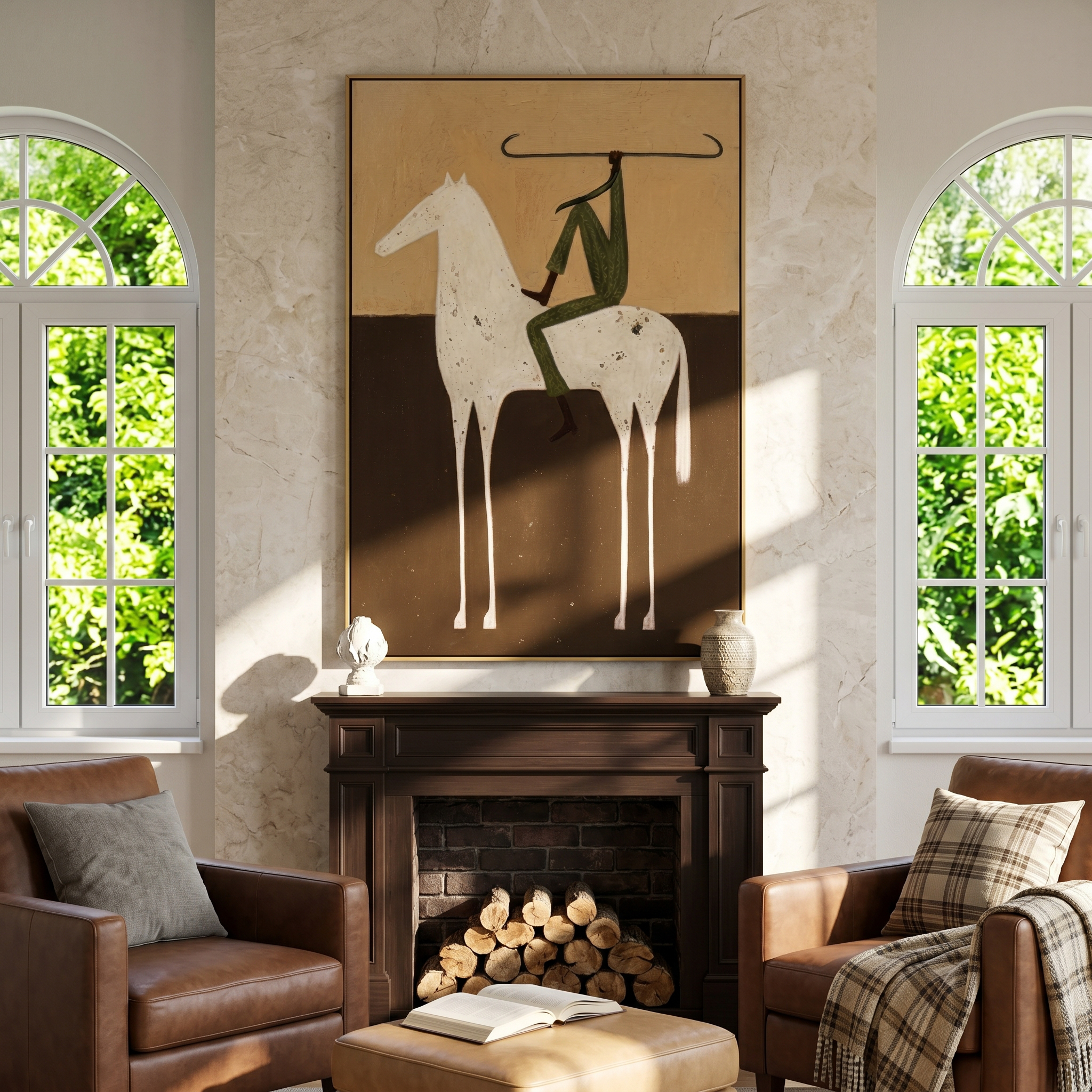 The Pale Wanderer – Vintage Americana Rider on White Horse Two-Tone Painting | Minimalist Western Art