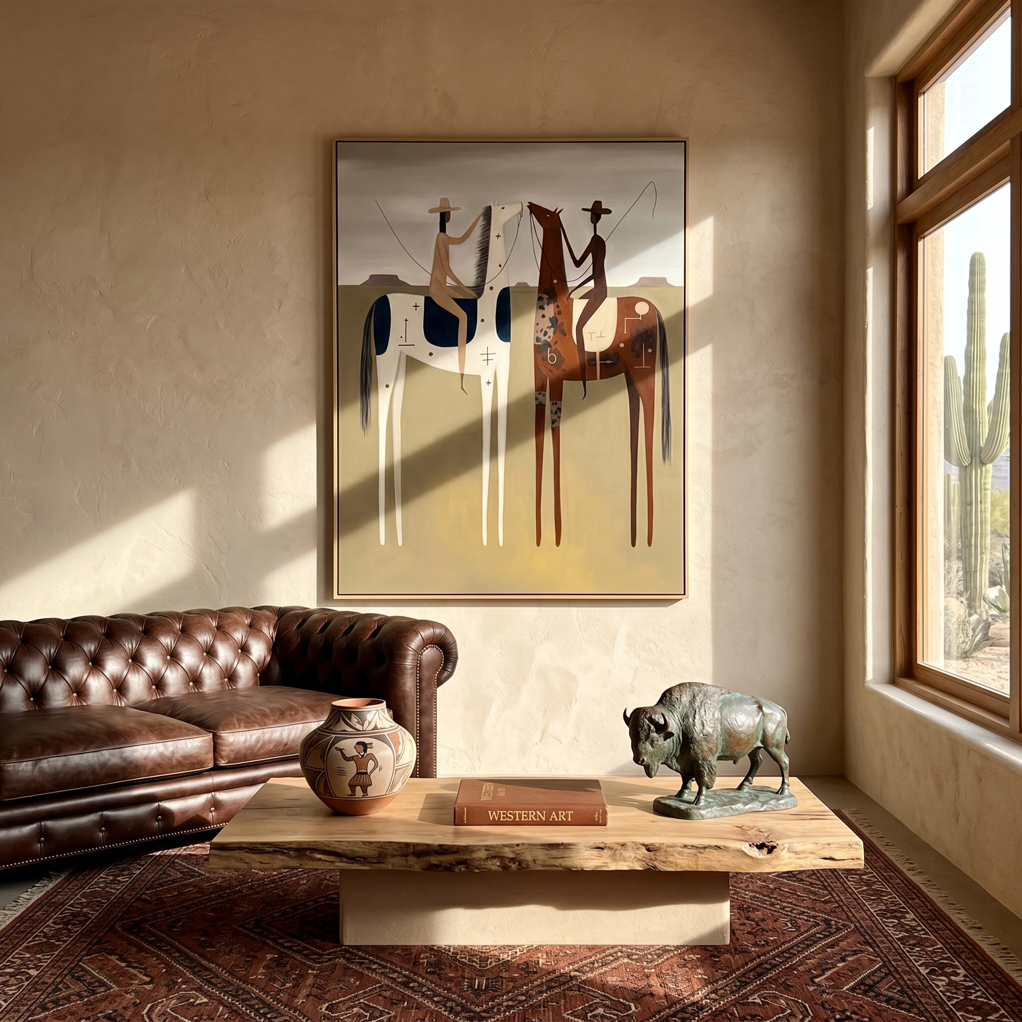 Canyon Riders – Vintage Americana Two Riders on Paint Horses Painting | Rustic Western Living Room Art