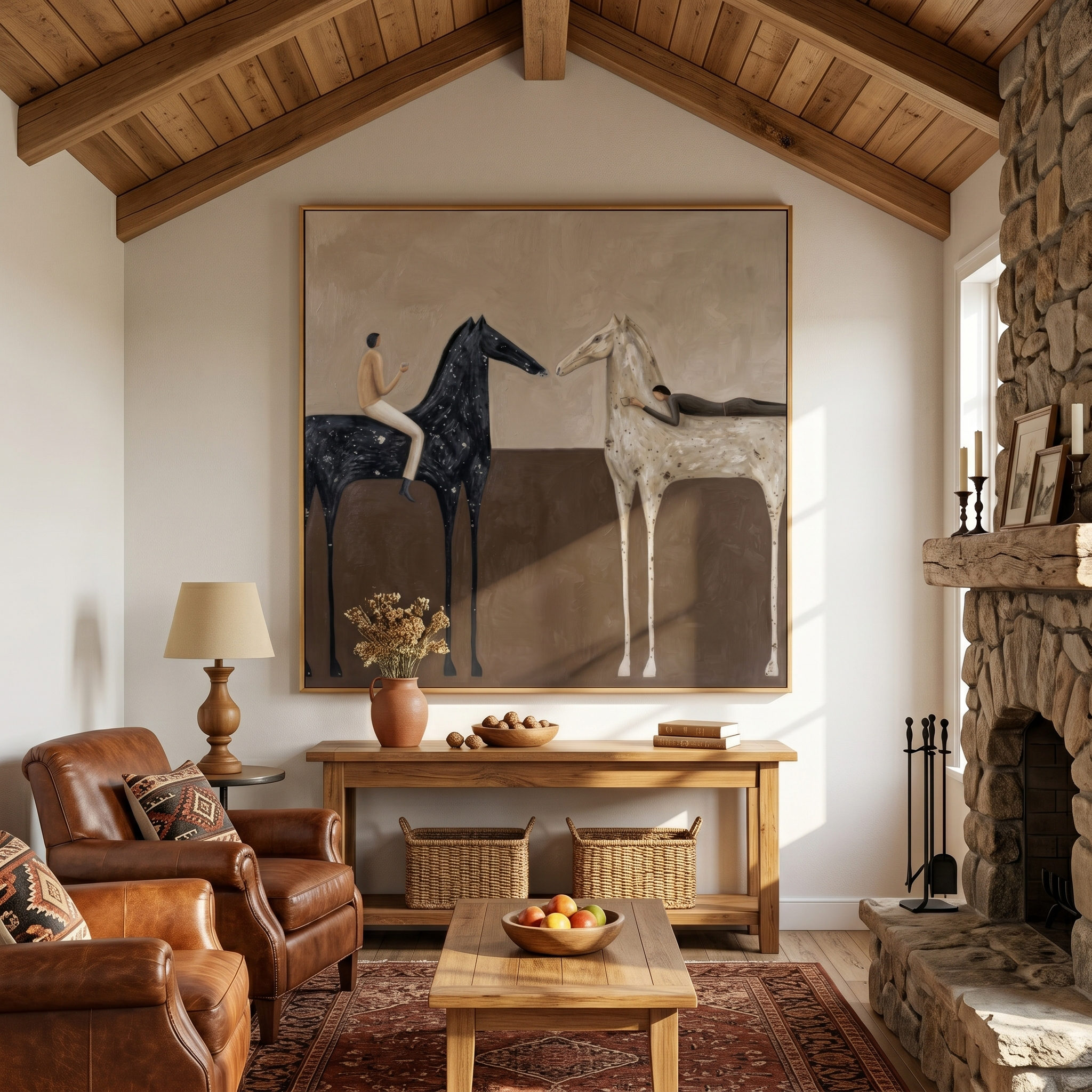Pasture Meeting – Vintage Americana Two Horses & Riders Painting | Contemporary Square Living Room Art