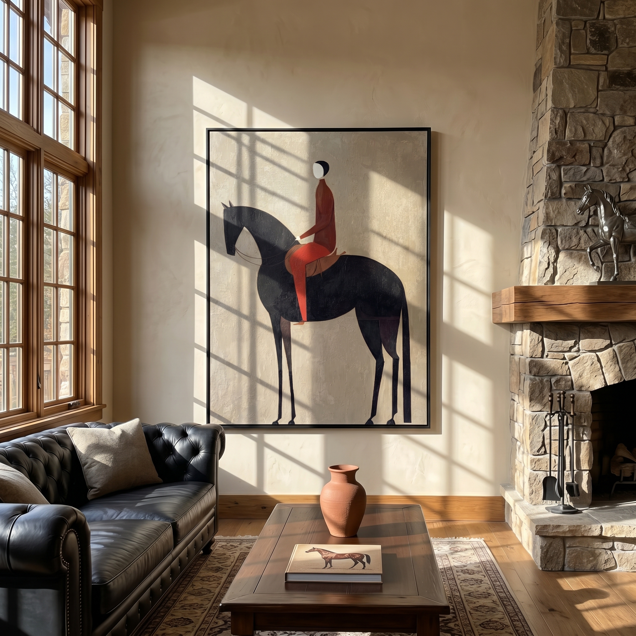 Red in the Saddle – Vintage Americana Rider on Black Horse Painting | Moody Modern Living Room Art